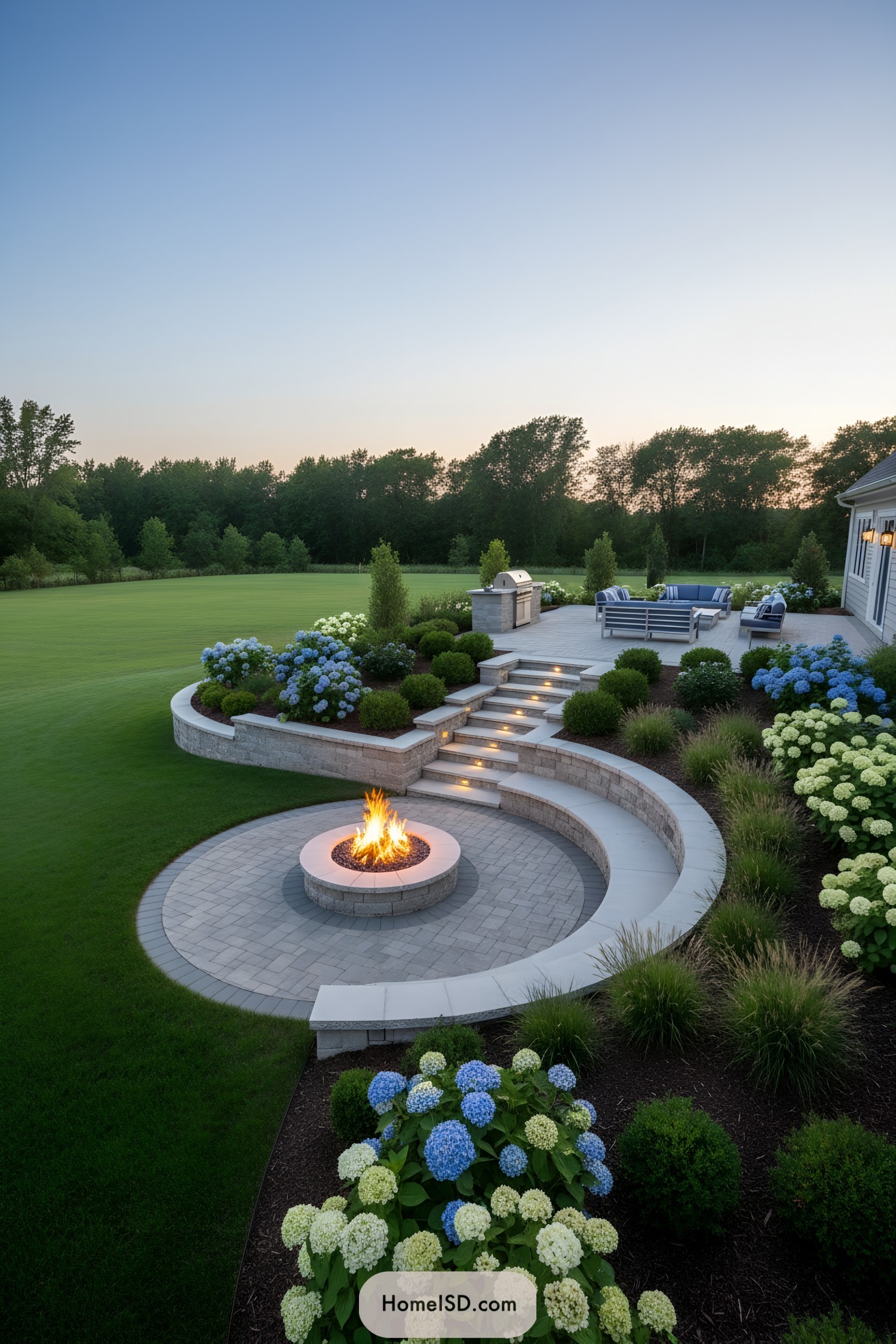 Tiered stone patio with round fire pit and lush hydrangea beds at dusk