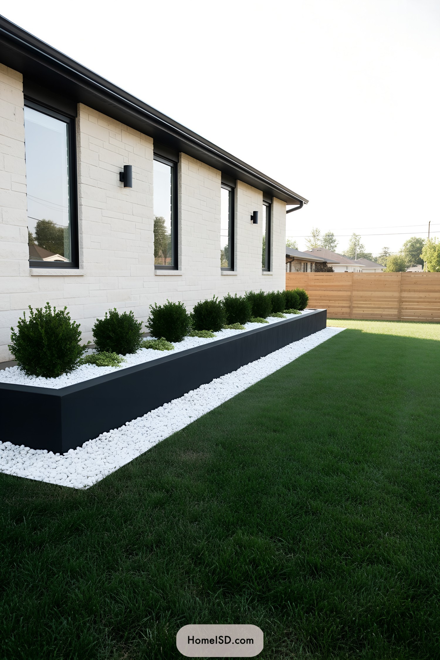 Modern raised black planter with white rock border along front lawn
