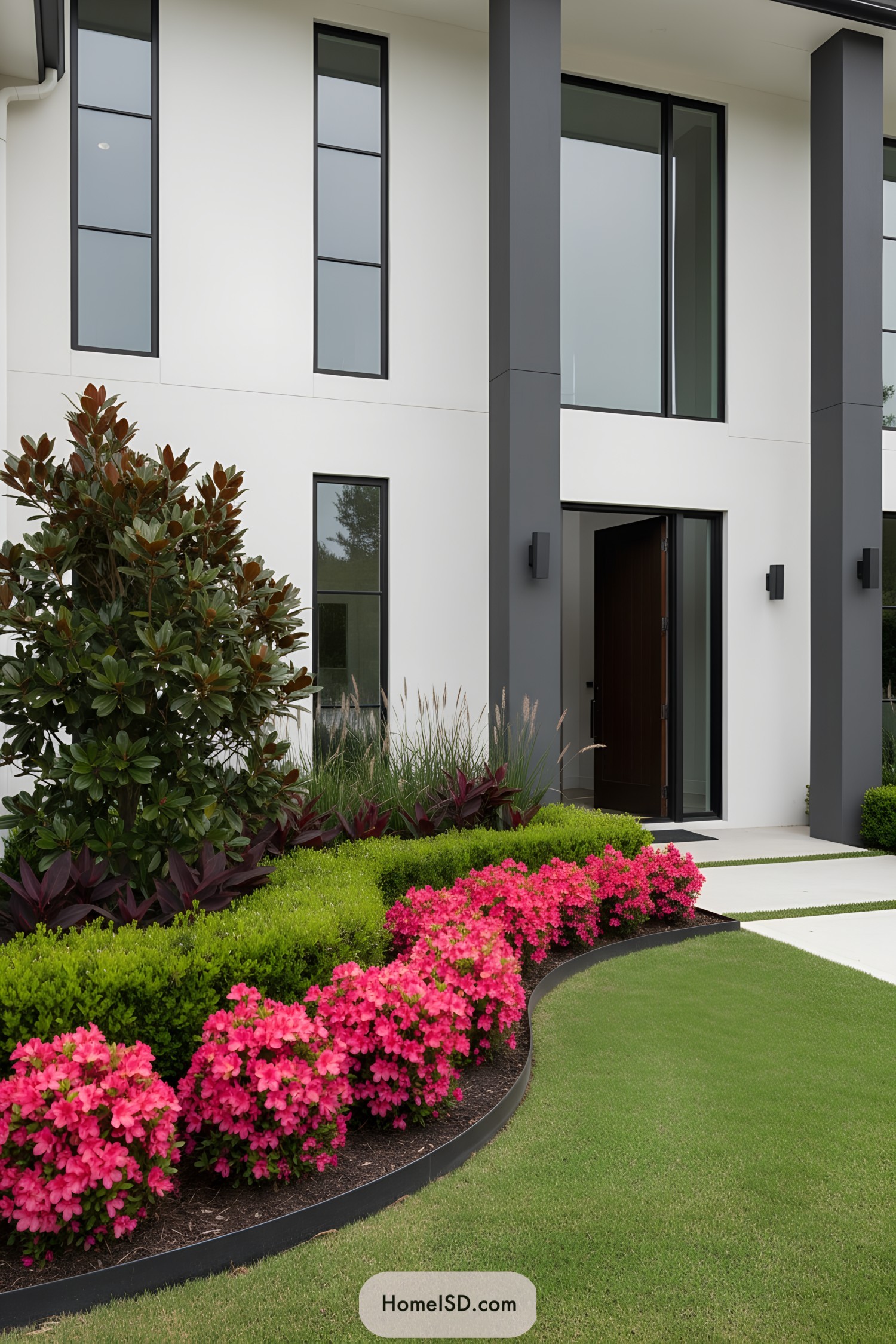 Curved front garden with bright pink shrubs