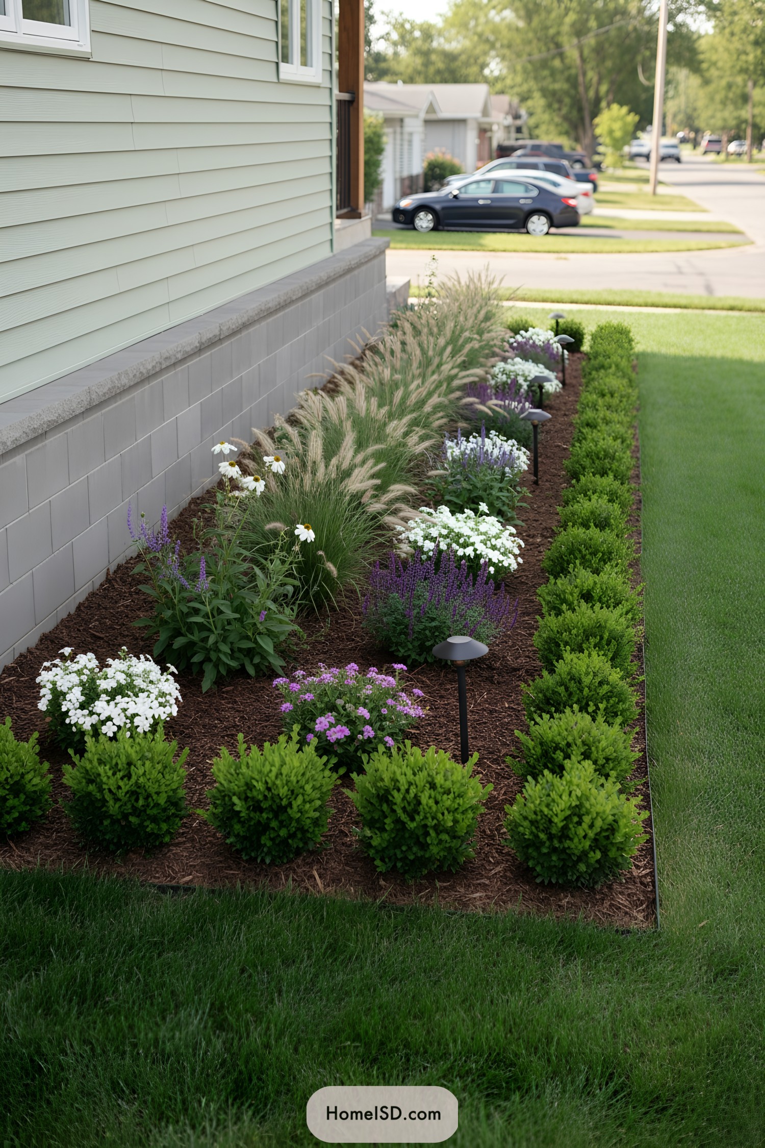 Side yard garden bed with layered shrubs flowers and grasses
