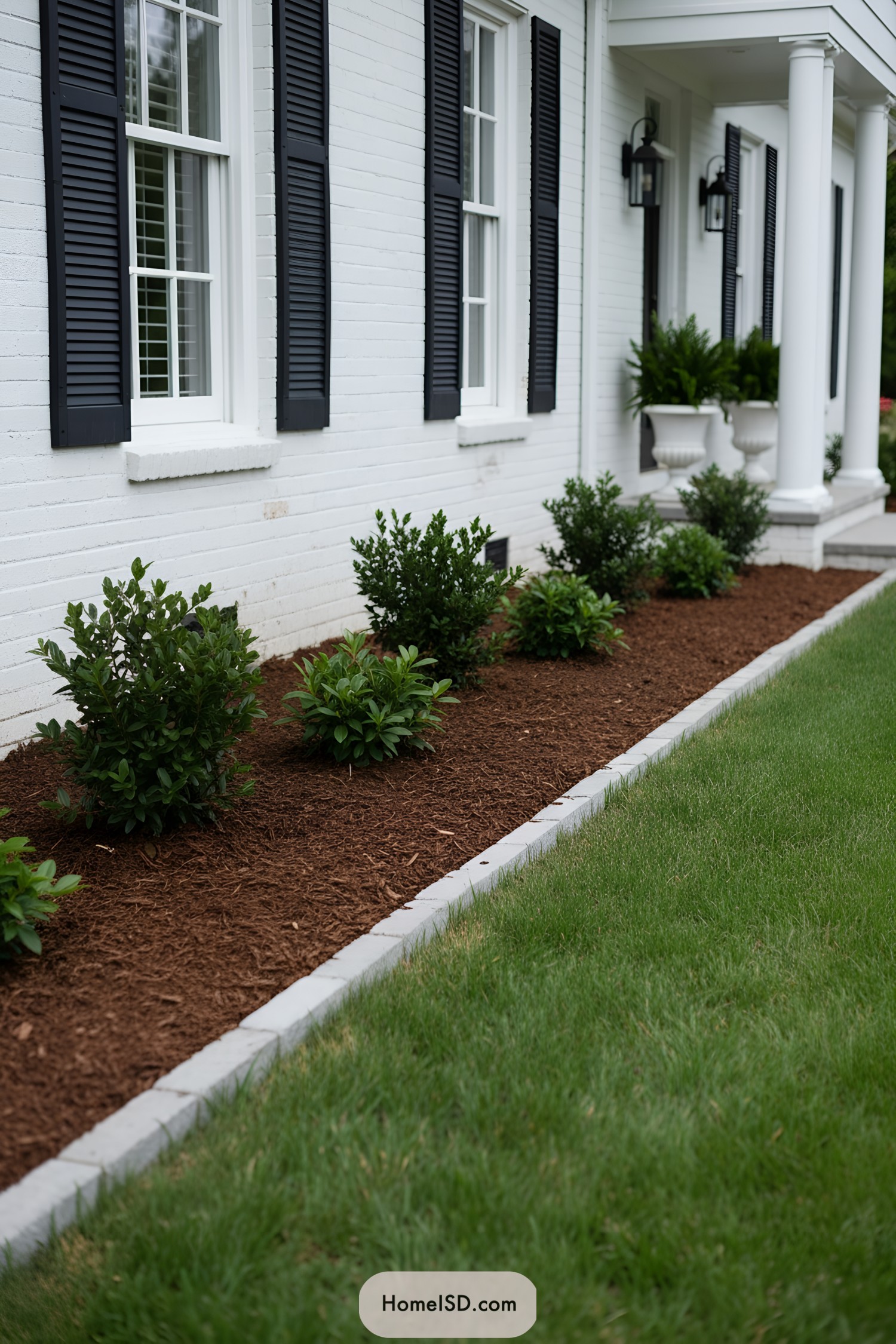 Neat shrub border with mulch along white brick house