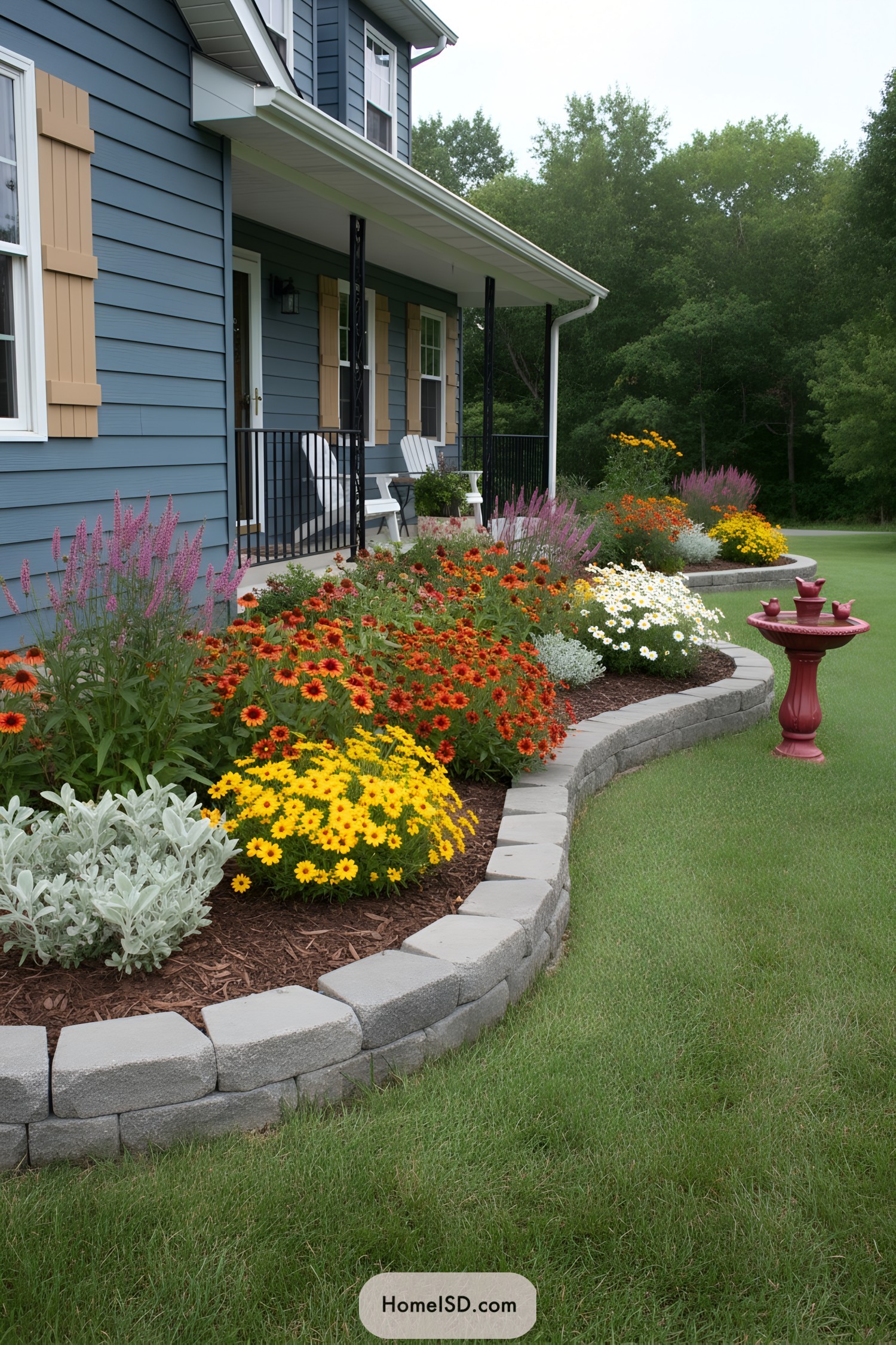 Curved front yard flower bed with layered colorful perennials, stone edging, and a red birdbath beside a blue house