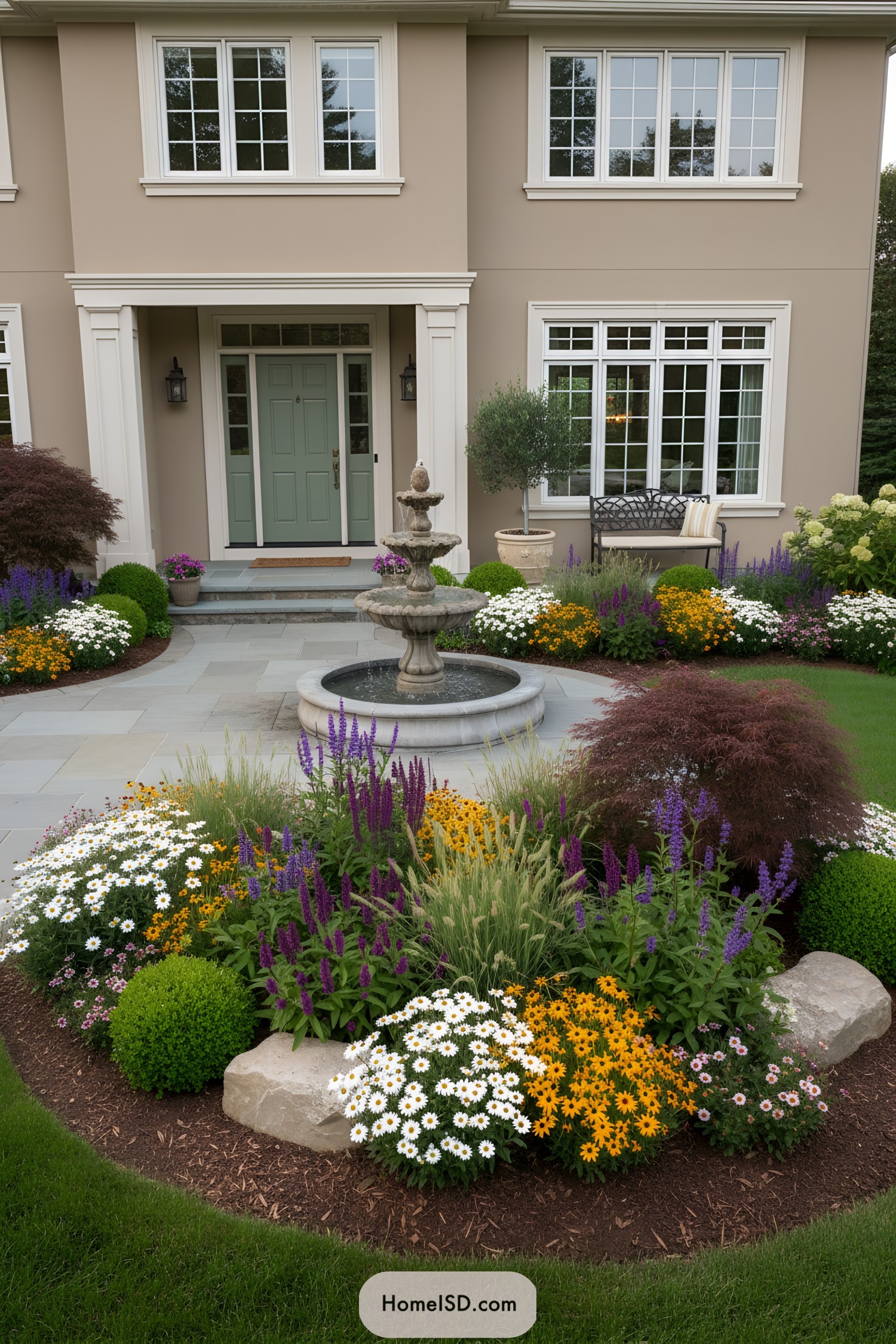 Front yard circular flower bed with tiered fountain