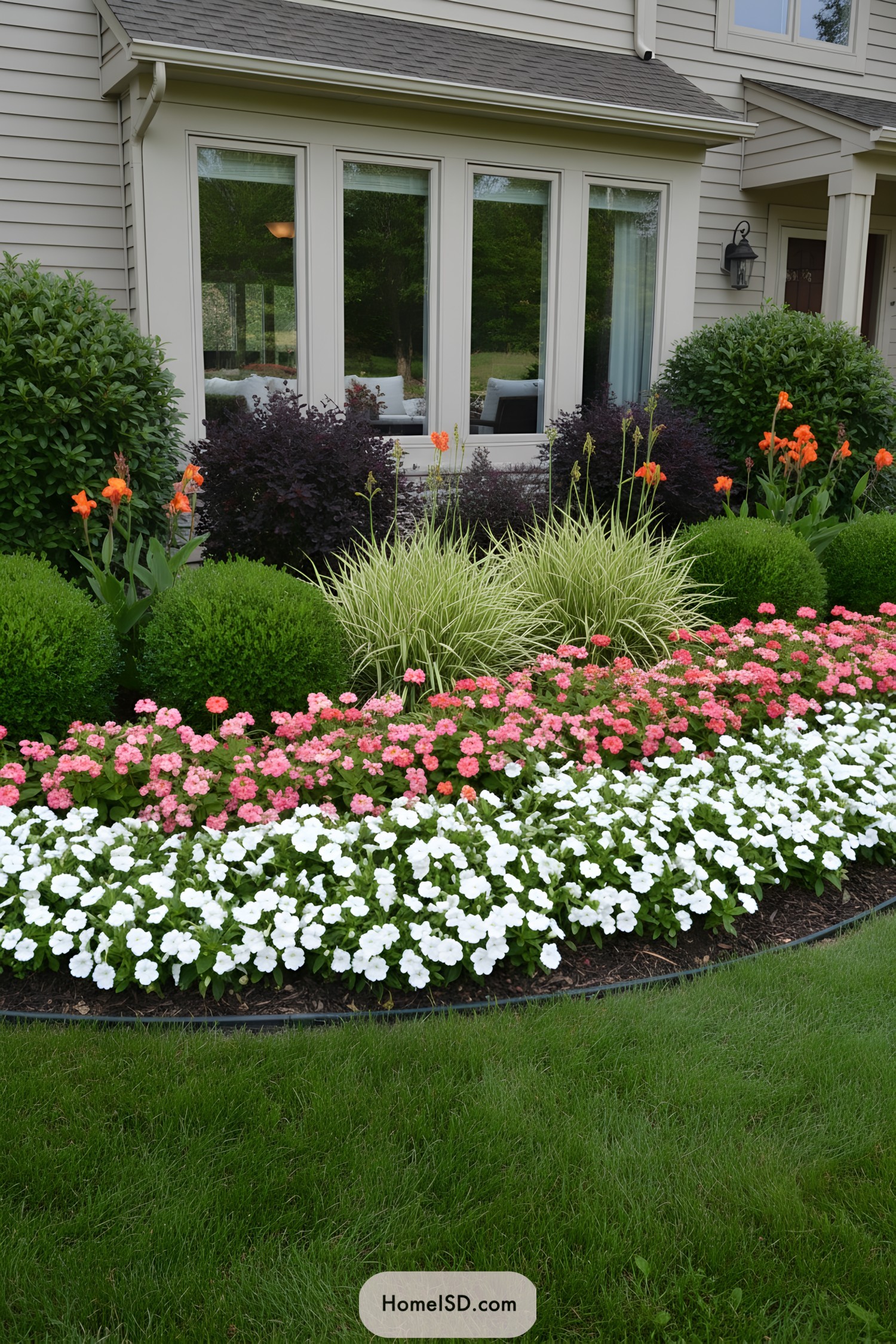 Front yard flower bed with layered white and pink flowers, rounded shrubs, ornamental grasses, and tall orange blooms beneath a row of windows