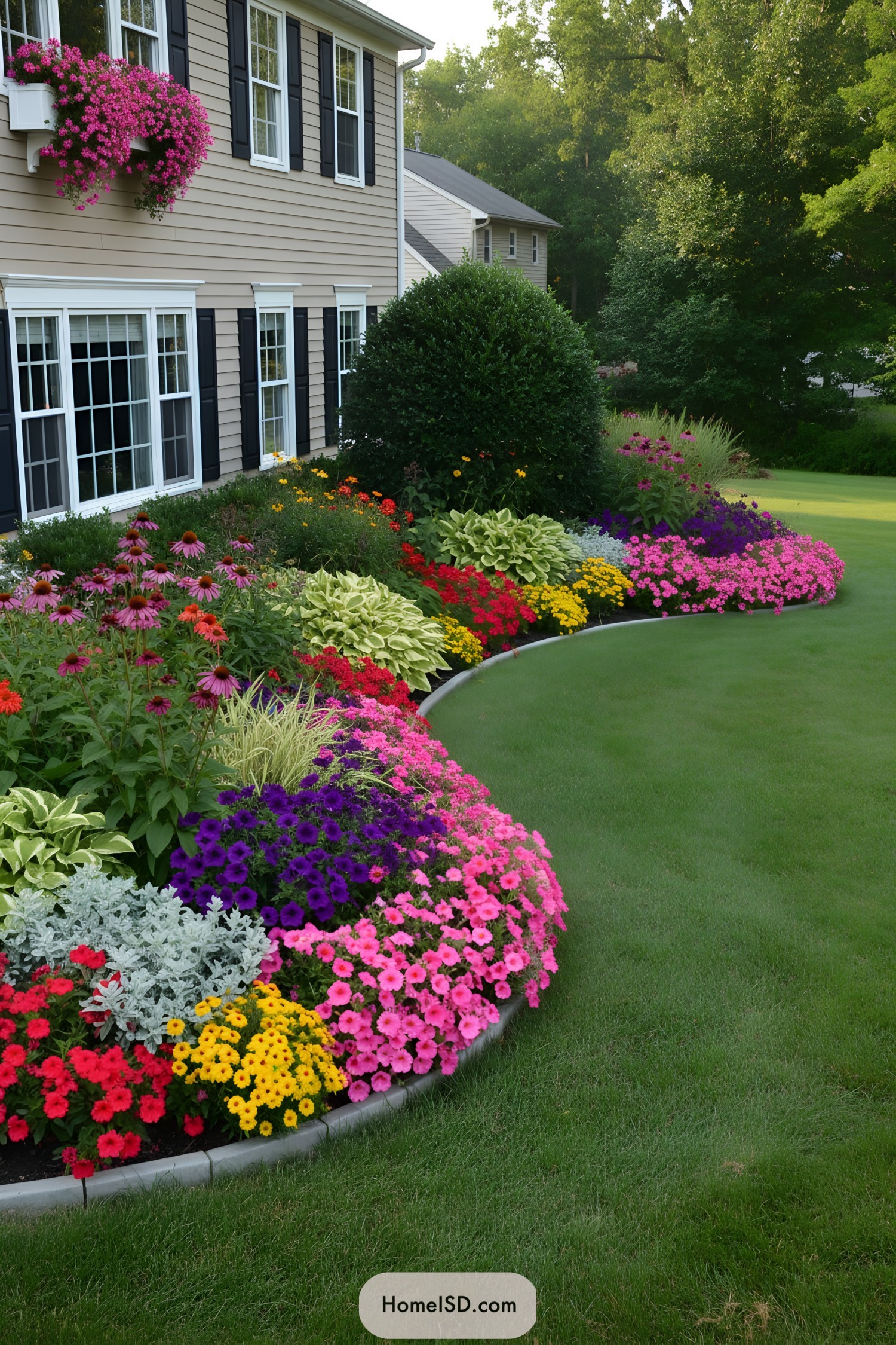 Curved front yard flower bed bursting with colorful blooms