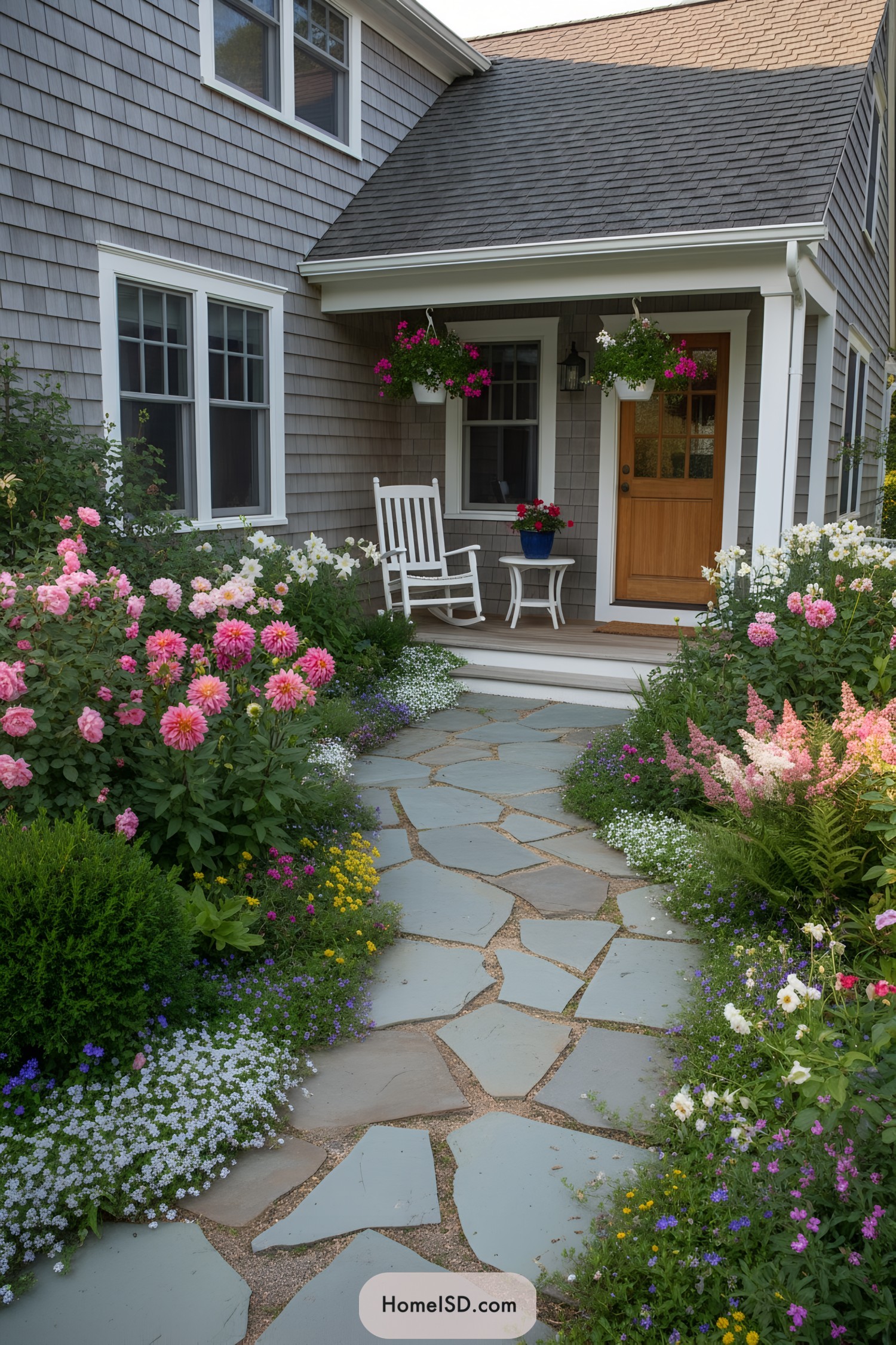 Stone path lined with colorful front garden