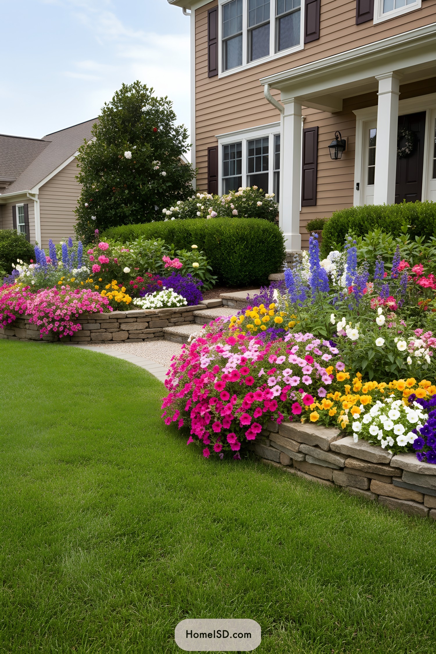 Tiered stone-front garden beds overflowing with bright flowers along front entry steps of a house