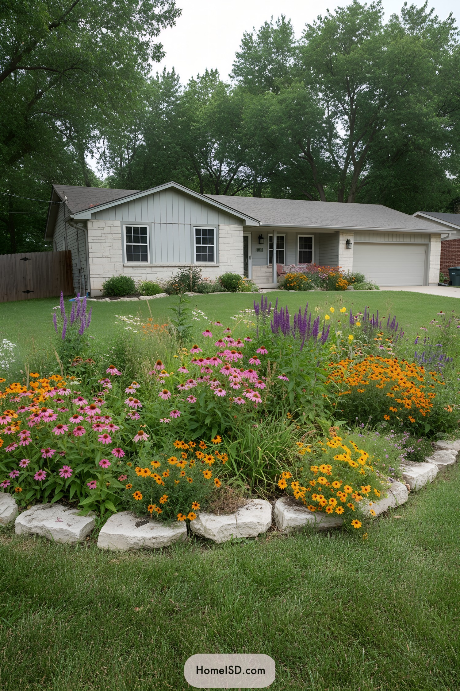 Curved front lawn island filled with colorful wildflowers bordered by light stone