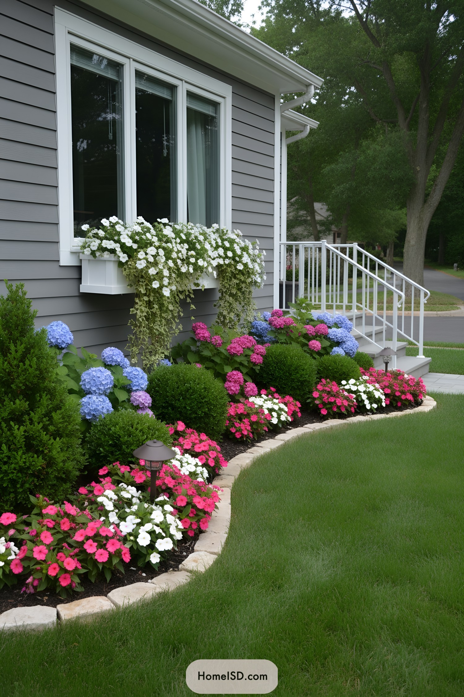 Colorful flower bed with hydrangeas and window box
