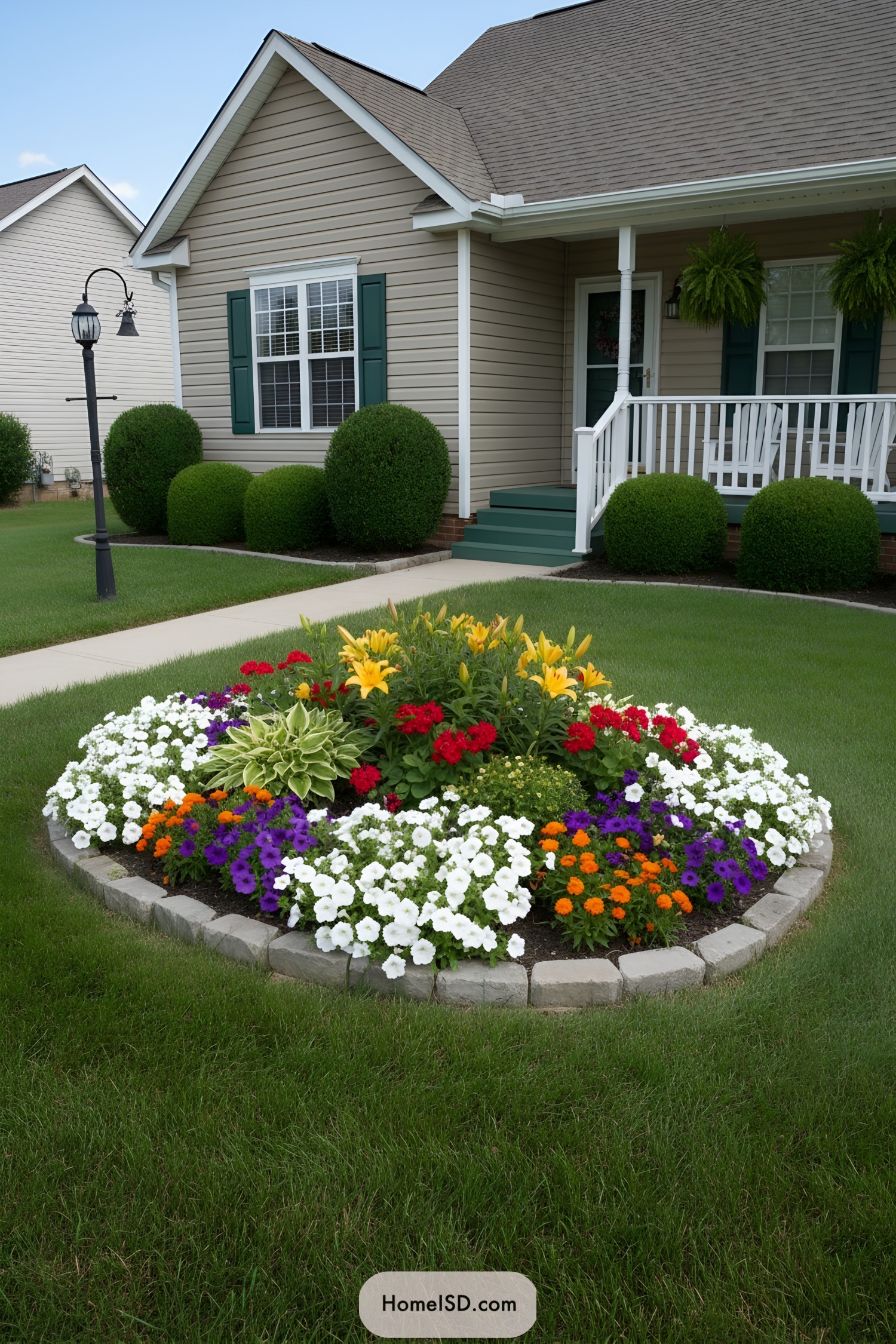 Round front yard flower bed with colorful flowers edged in stone in front of a tidy suburban home