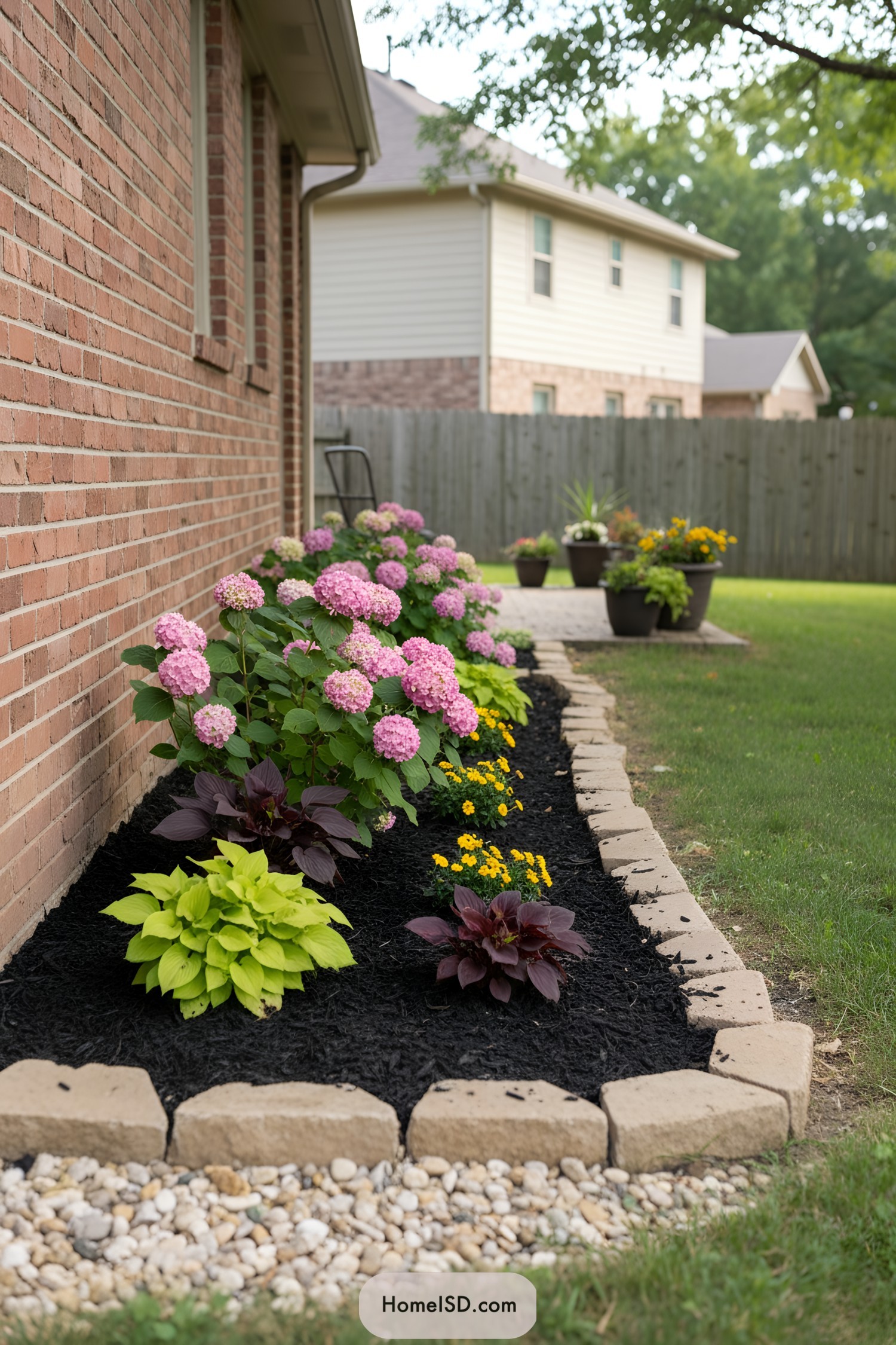 Side yard garden bed with pink hydrangeas and foliage plants bordered by stone edging
