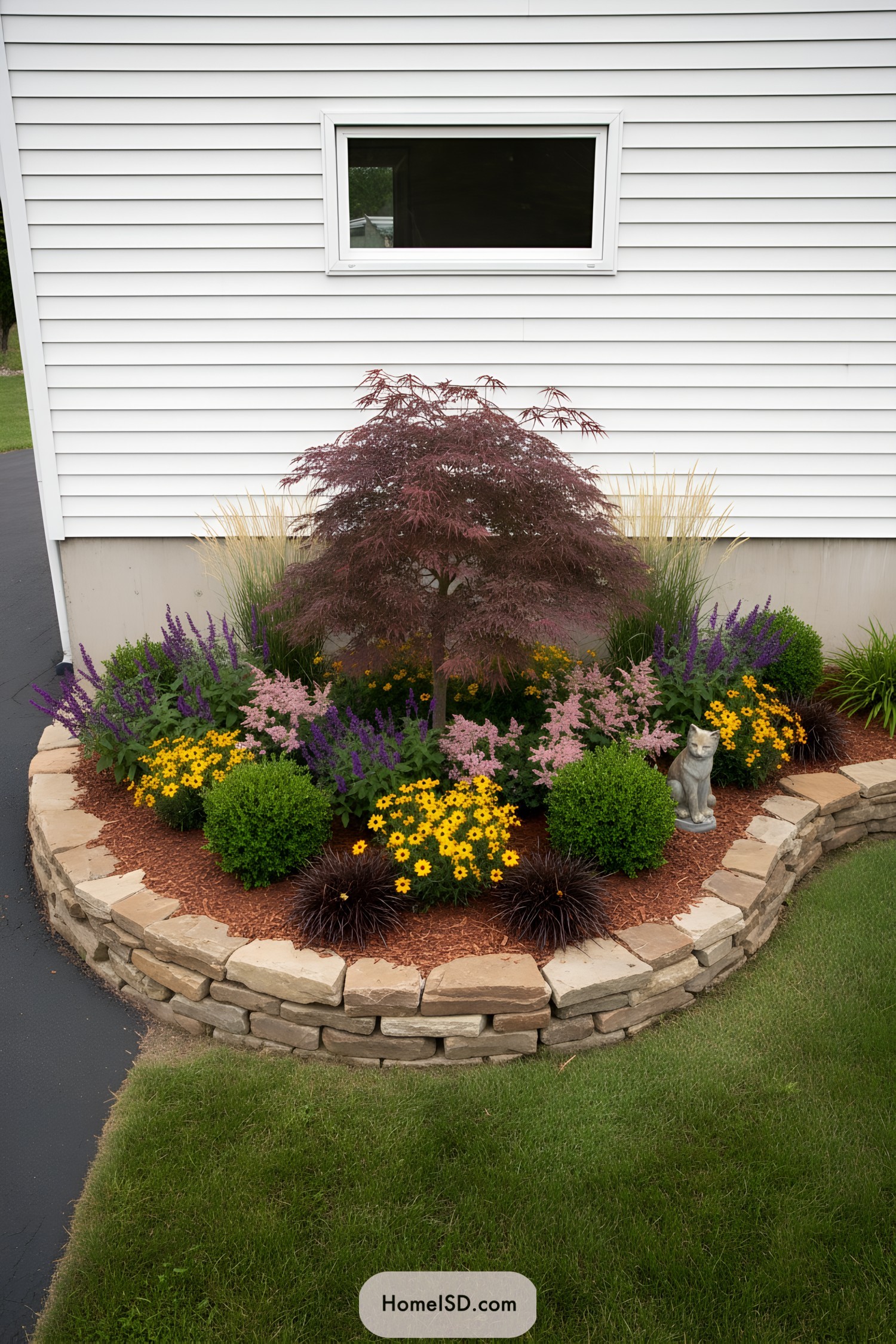 Curved stone-edged front garden bed with layered flowers and a Japanese maple