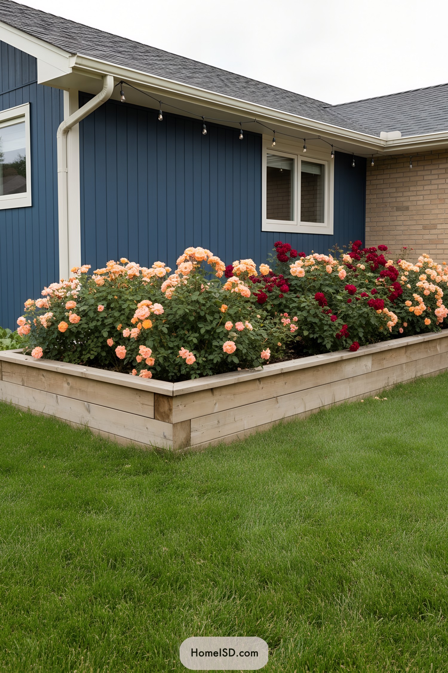 Raised wooden bed with peach and red roses along a blue house wall