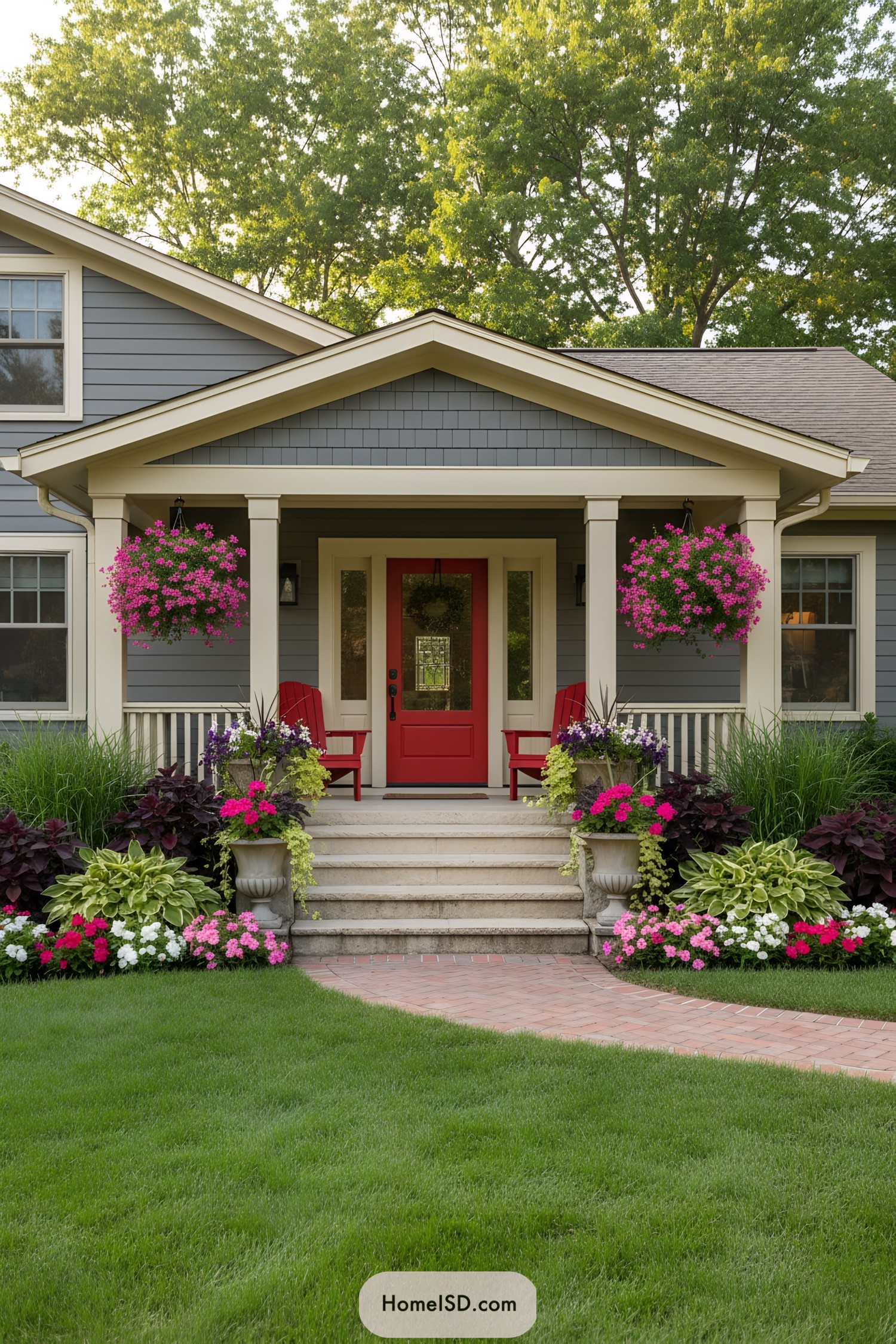 Colorful flower beds framing front porch