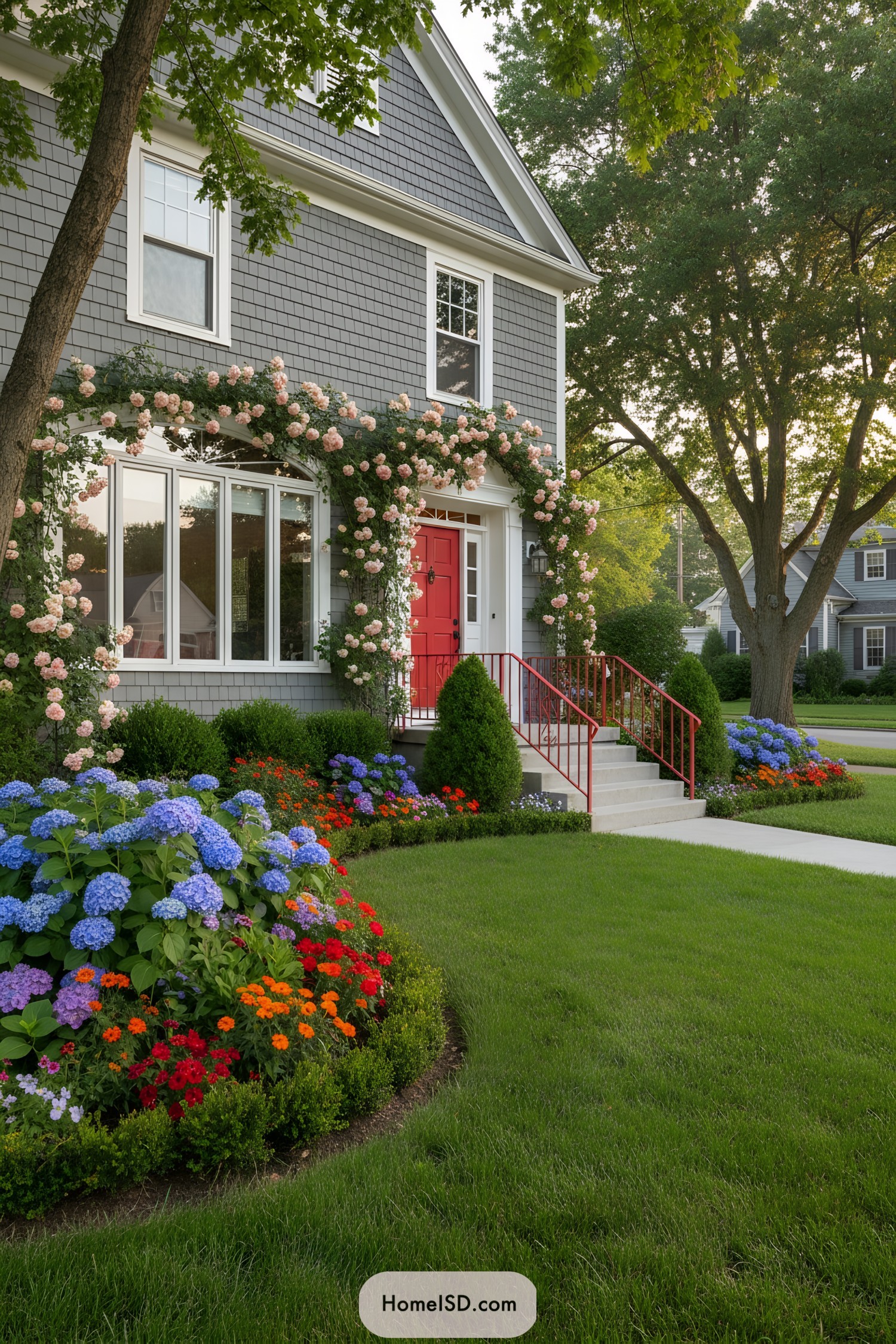 Colorful front yard flower beds with hydrangeas and climbing roses framing a red door