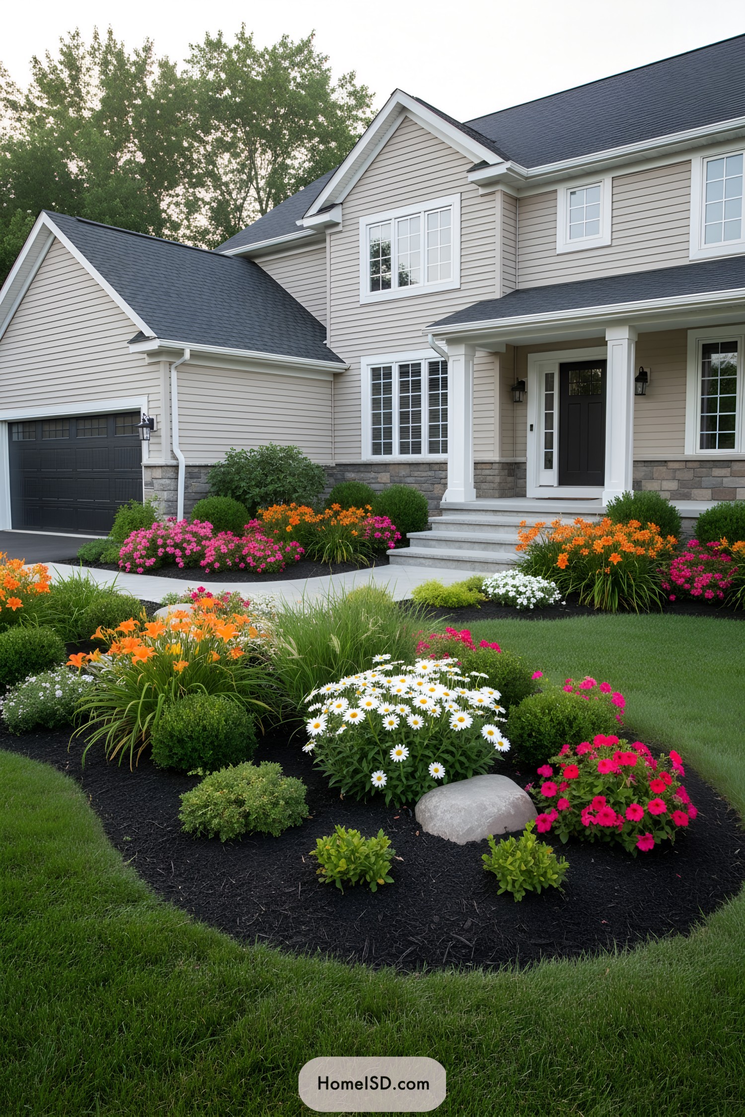 Colorful layered flower beds in front yard
