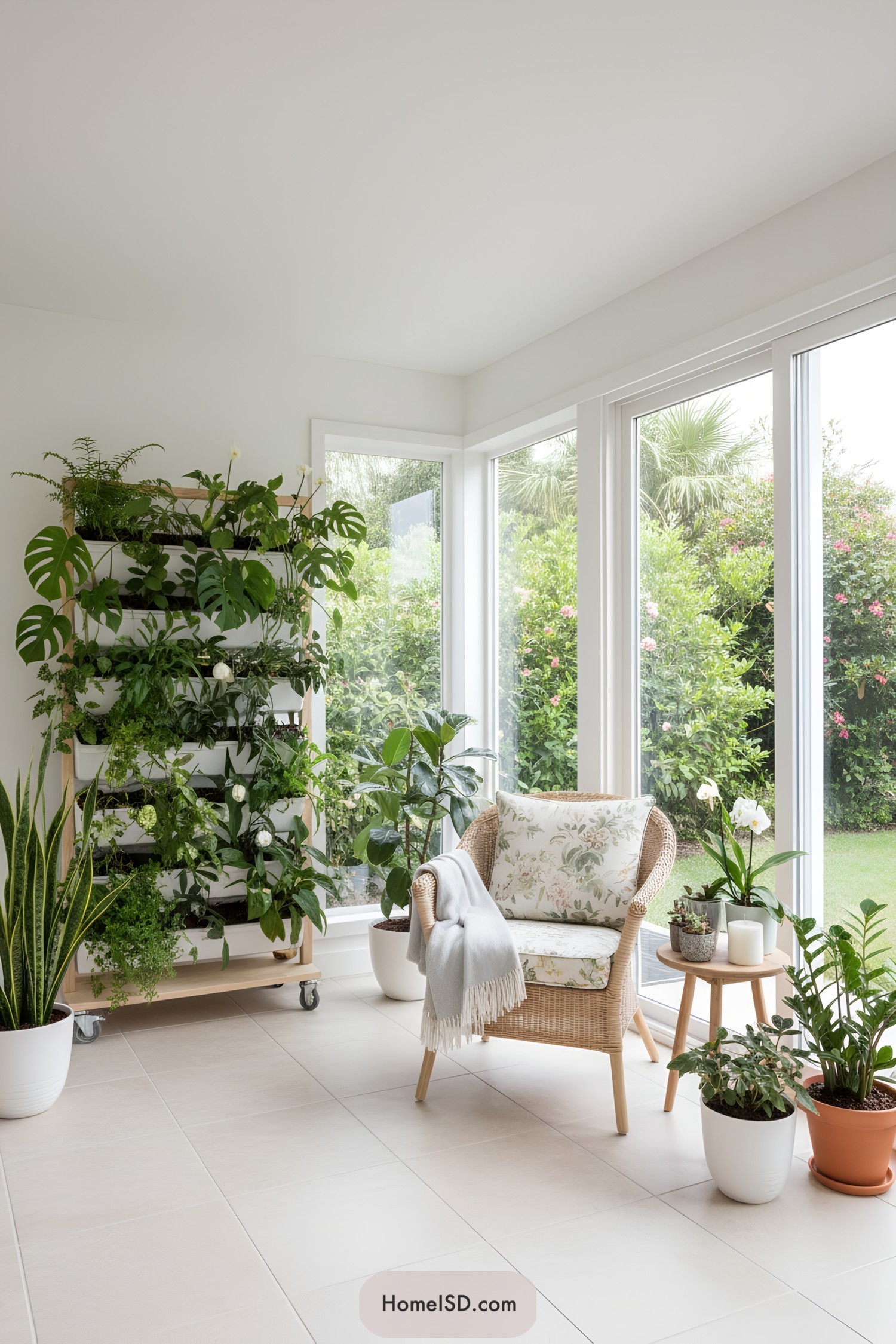 Cozy sunroom with vertical plant stand and wicker chair by large windows