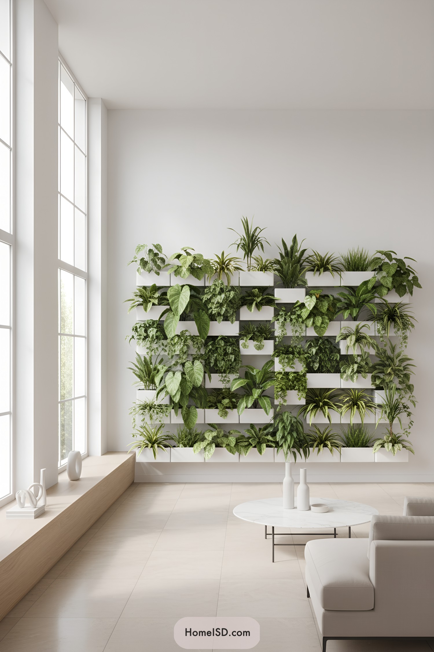 Tall white shelving unit filled with green plants in a bright minimal living room