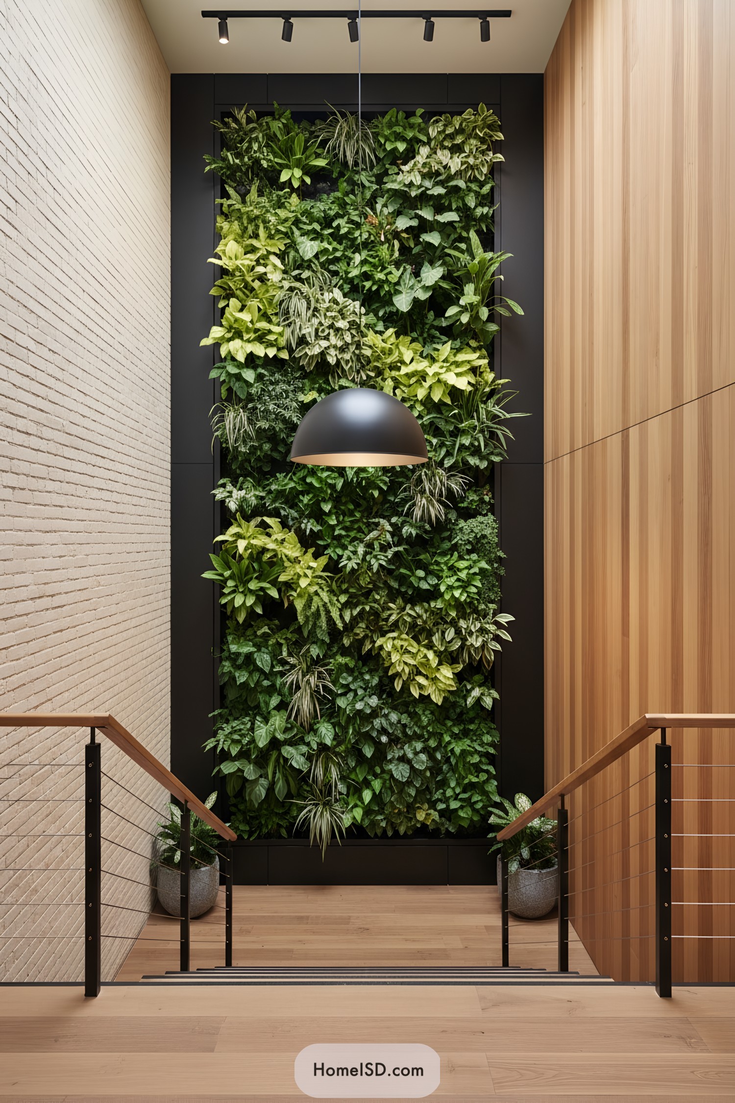 Tall living plant wall in modern stairwell