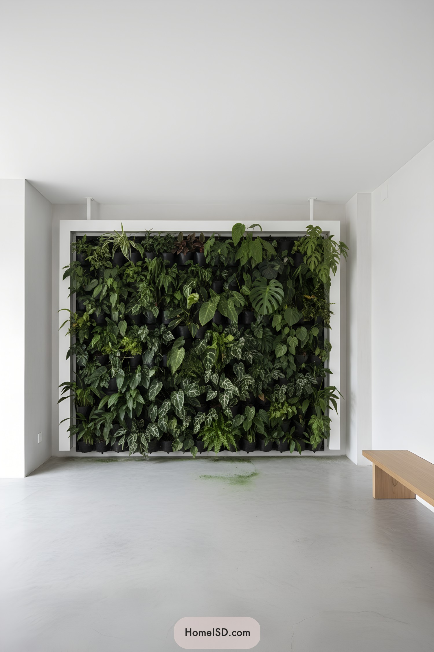 Lush framed plant wall in a minimal white room