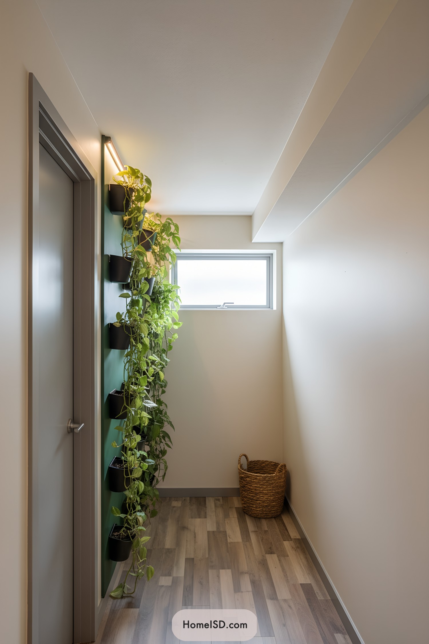 Vertical row of black wall planters filled with trailing vines brightening a narrow hallway