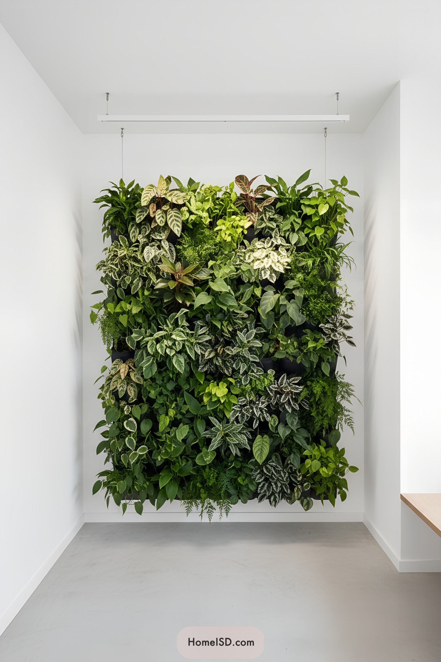 Suspended vertical plant wall in white room
