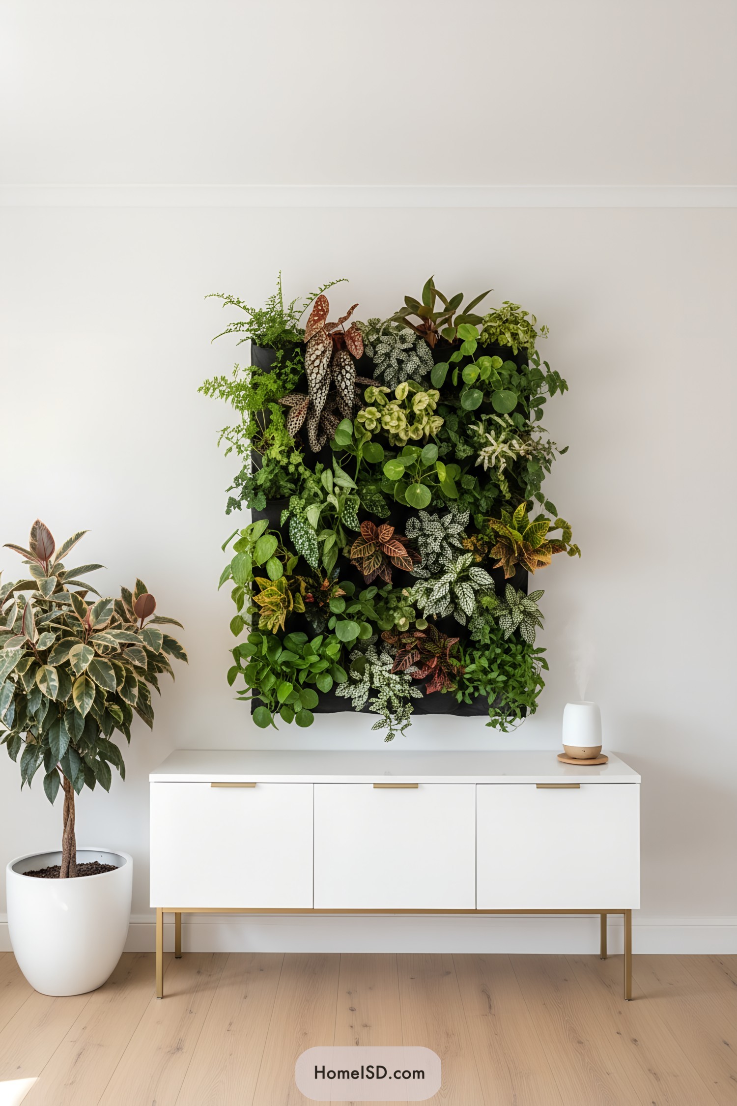 Vertical plant wall over white sideboard in bright minimalist room