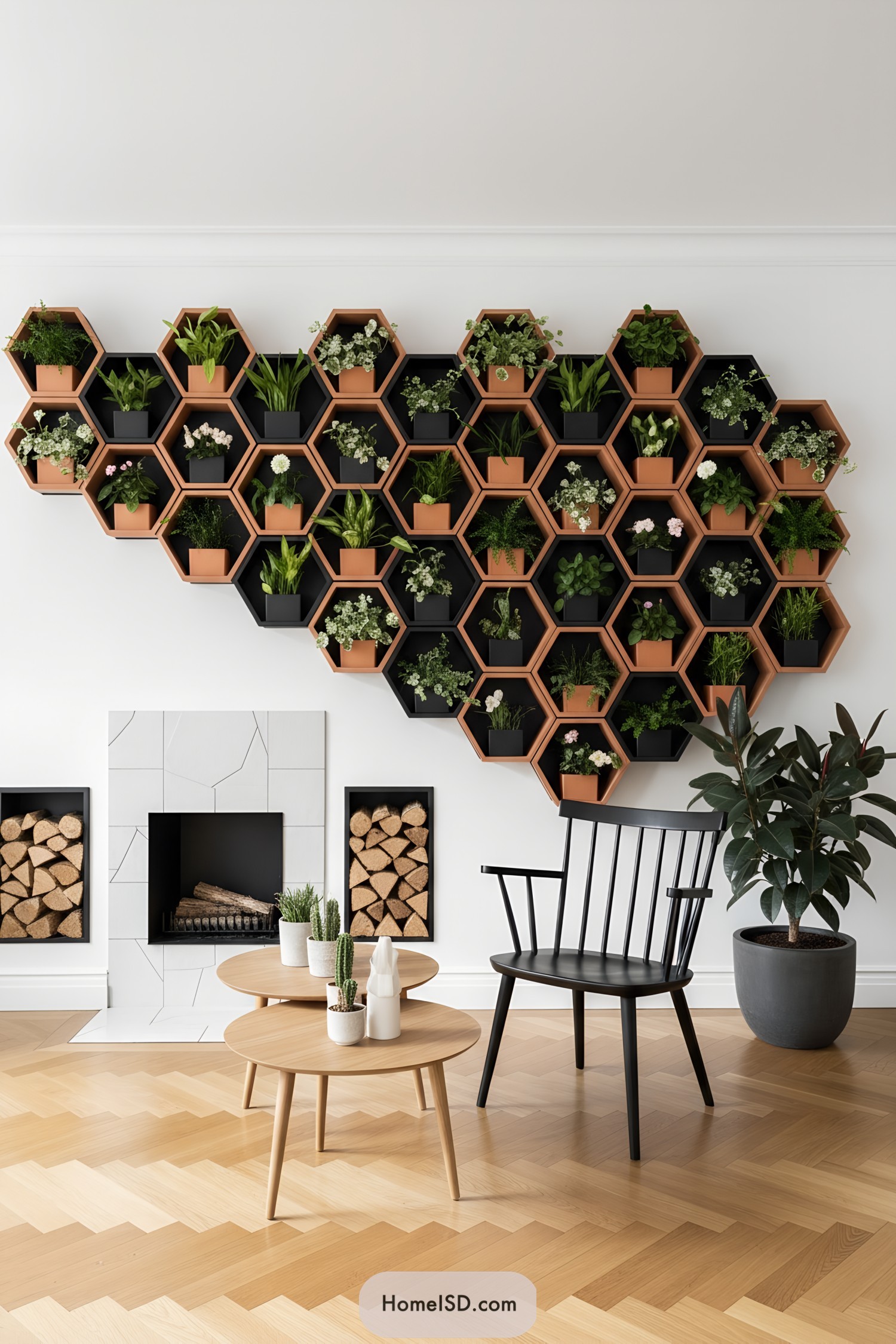 Hexagonal wall planter system with mixed indoor plants above modern fireplace