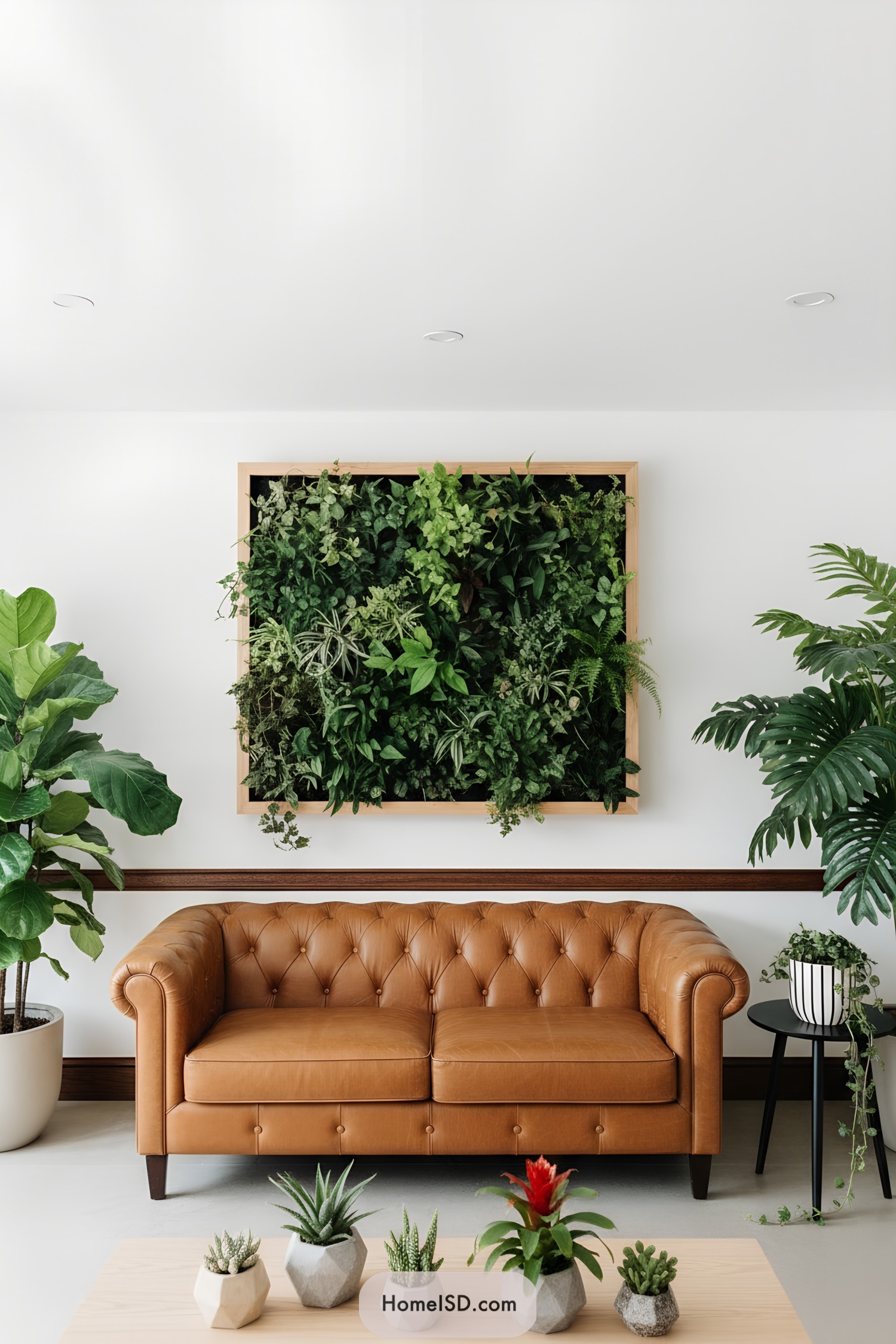 Vertical plant wall in wooden frame above tan sofa in modern living room