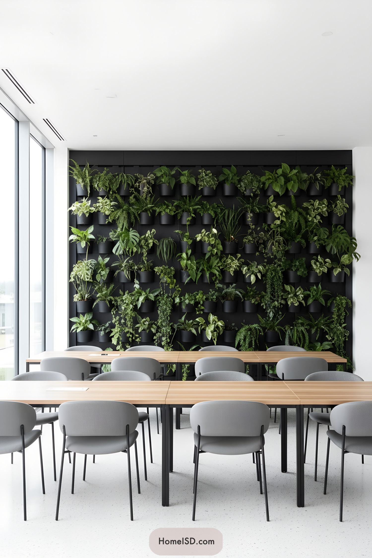 Black grid plant wall behind light wood tables and gray chairs in a bright meeting room