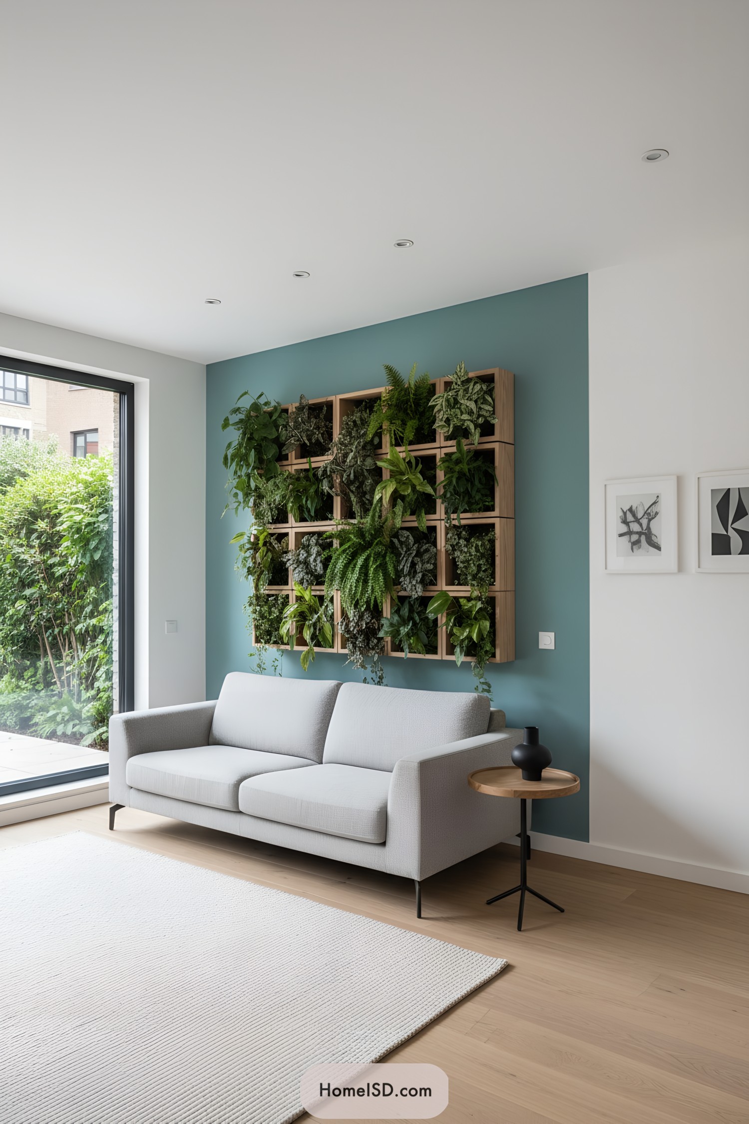 Living room with modular wooden plant wall mounted above a light gray sofa