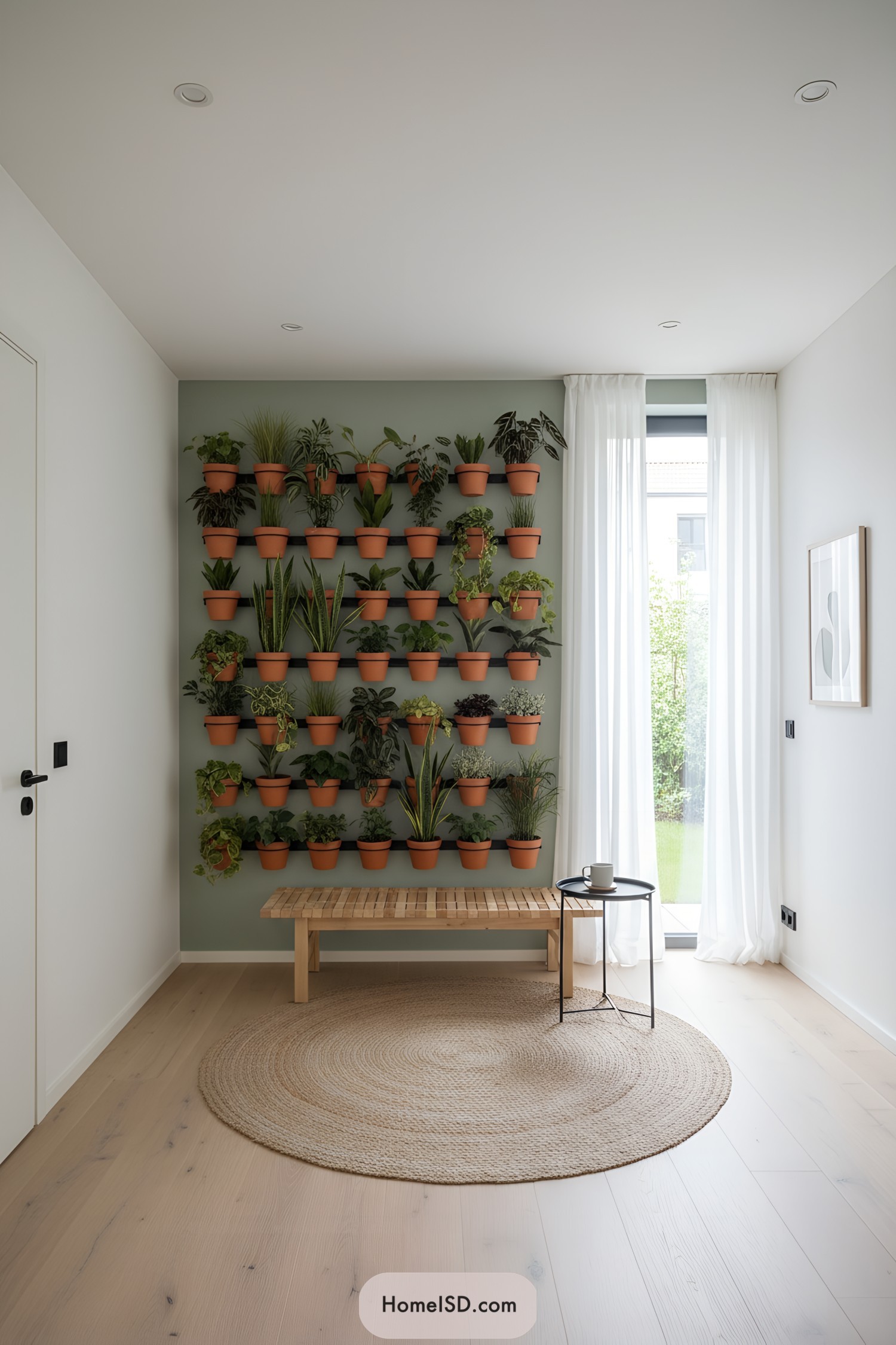 Vertical plant wall of terracotta pots above a wooden bench in a bright minimalist room