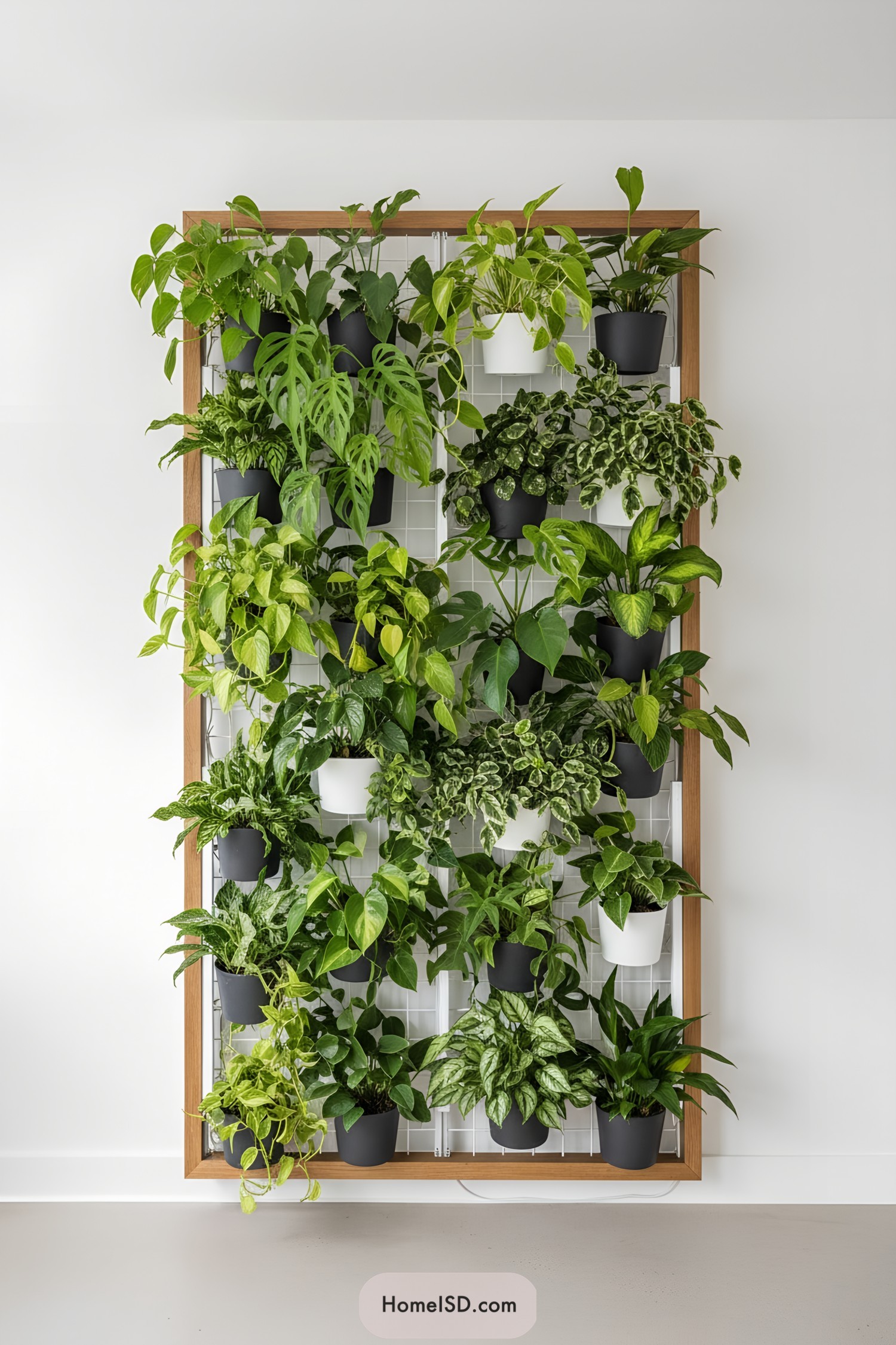 Rectangular wooden-framed vertical garden with rows of potted plants