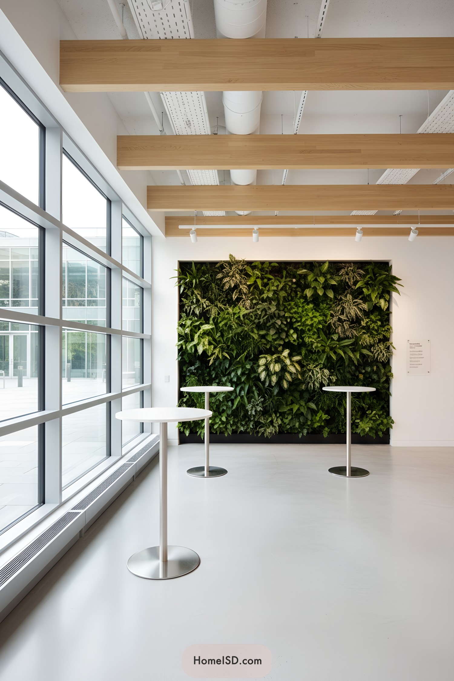 Lush living plant wall in a bright modern lobby with tall windows and minimalist standing tables