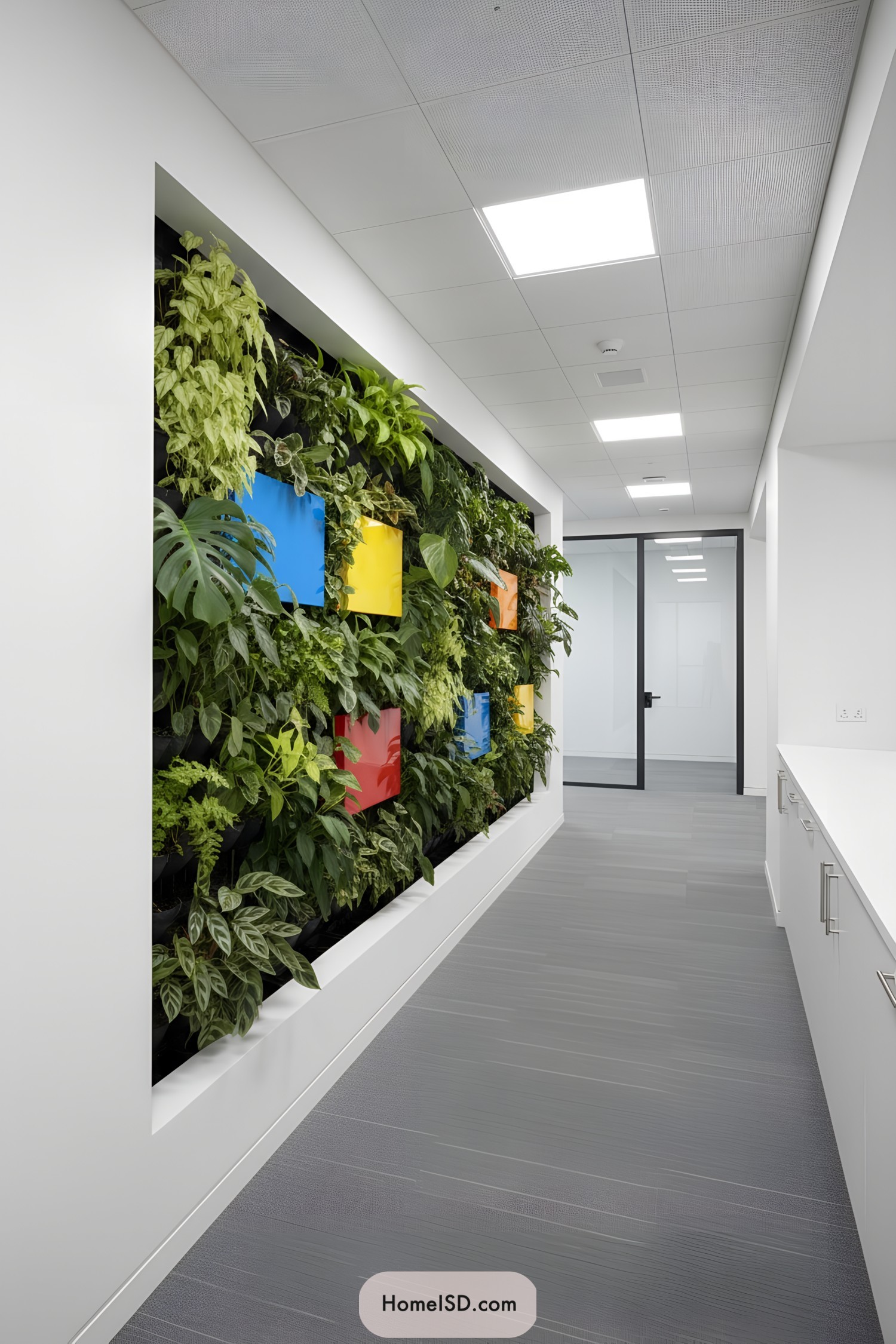 Vertical plant wall with bold colored panels