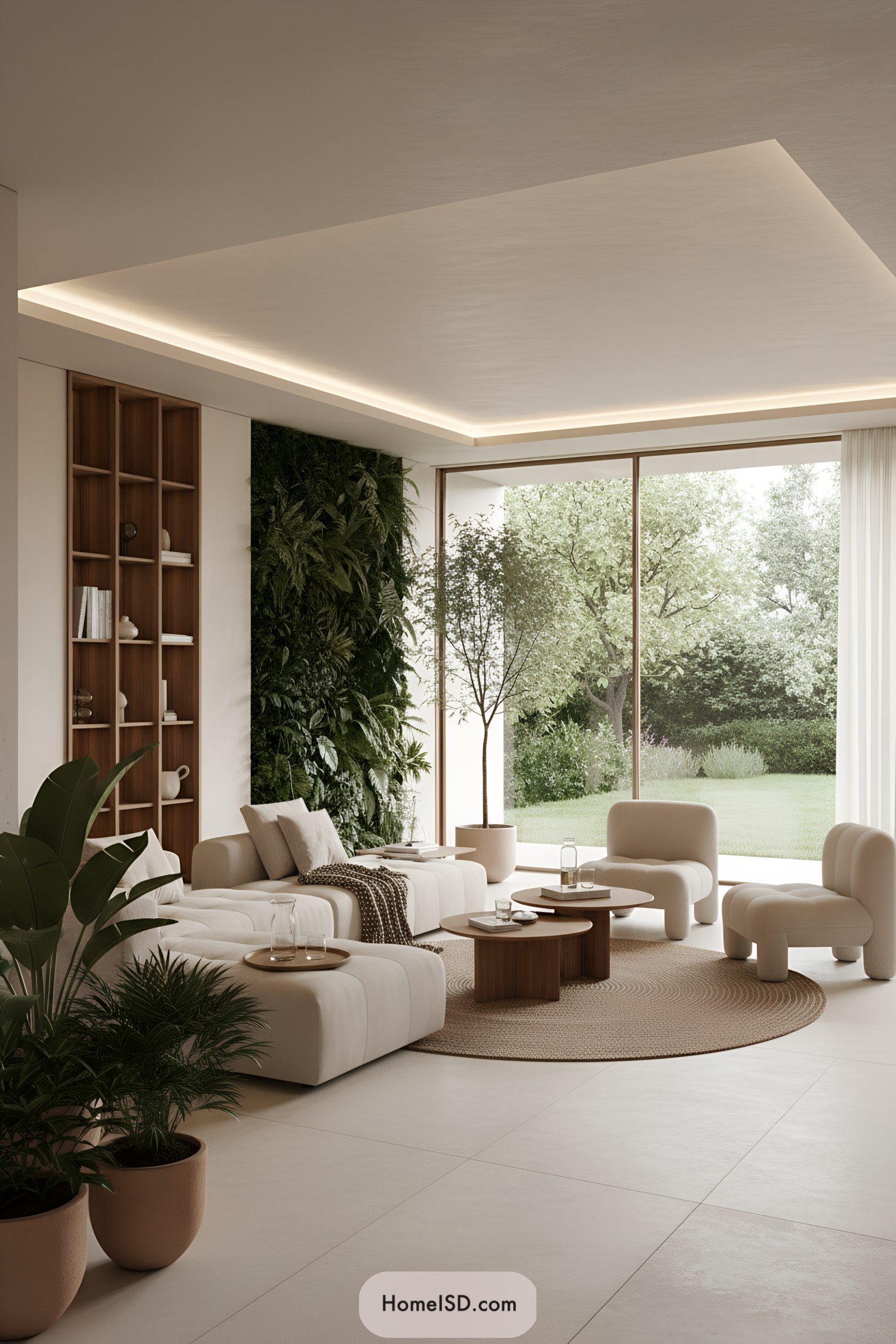 Modern living room with lush vertical plant wall beside large windows