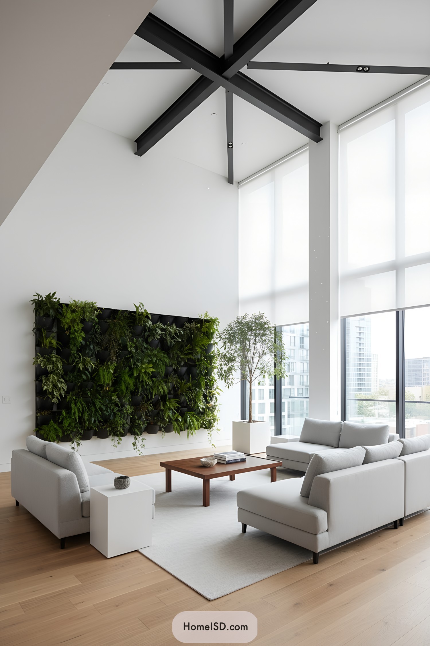 Modern loft living room with tall windows, white sofas, and a lush green plant wall as the focal point