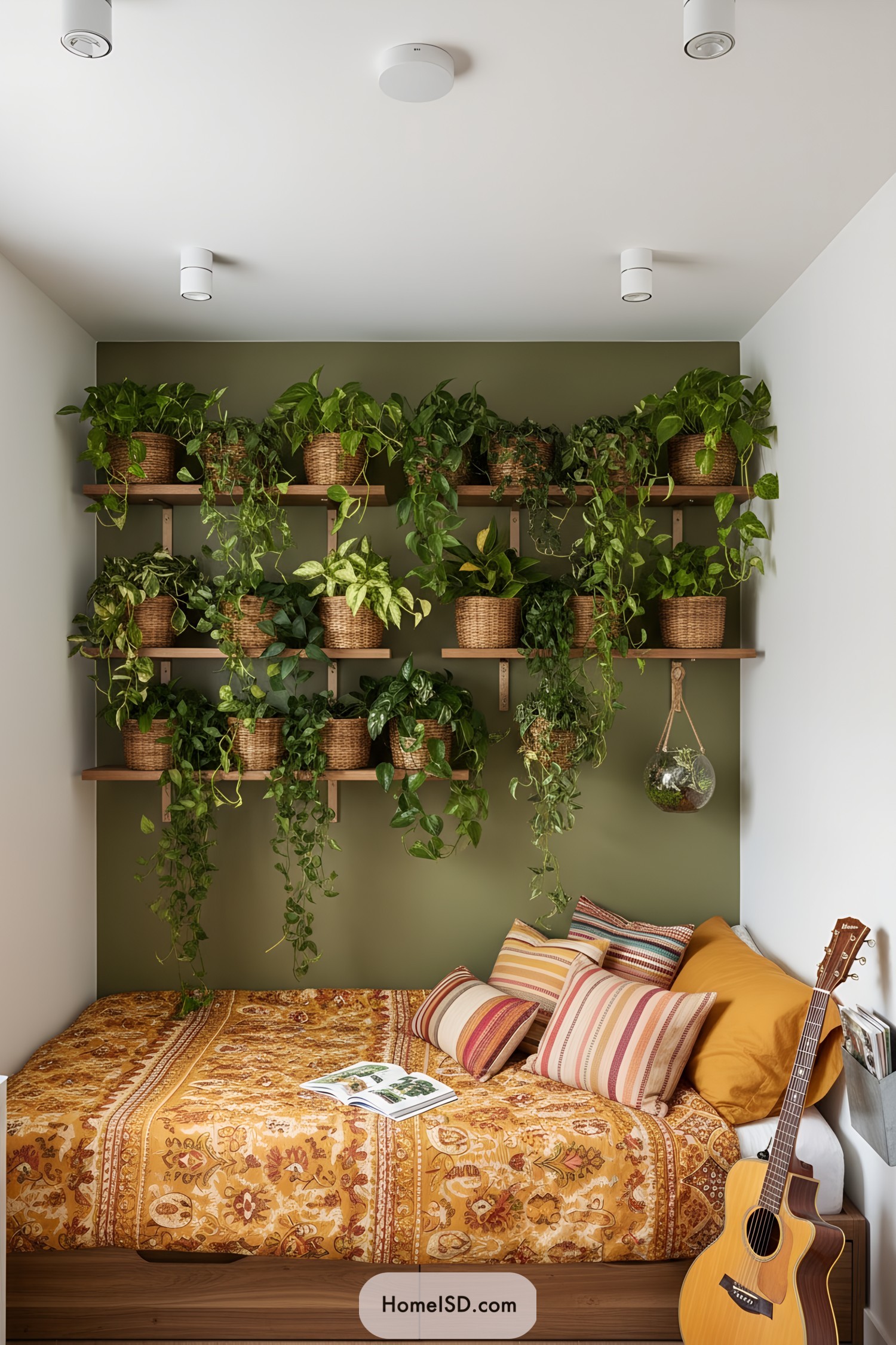 Wall of potted plants over patterned bed