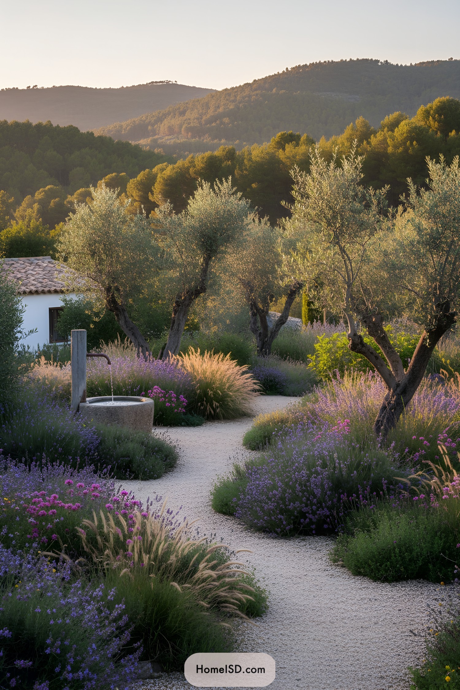 Curved gravel path weaving through lavender mounds and old olive trees at sunset