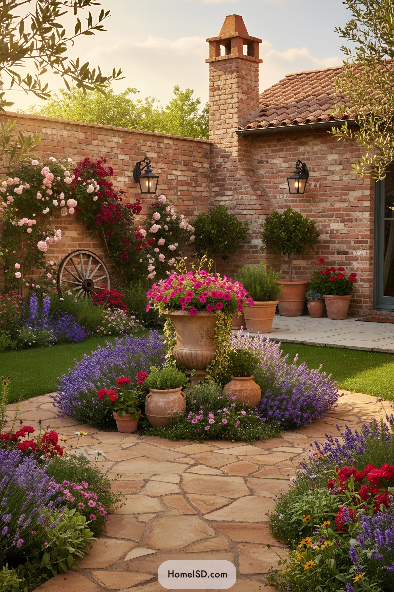Brick courtyard garden with central flower urn