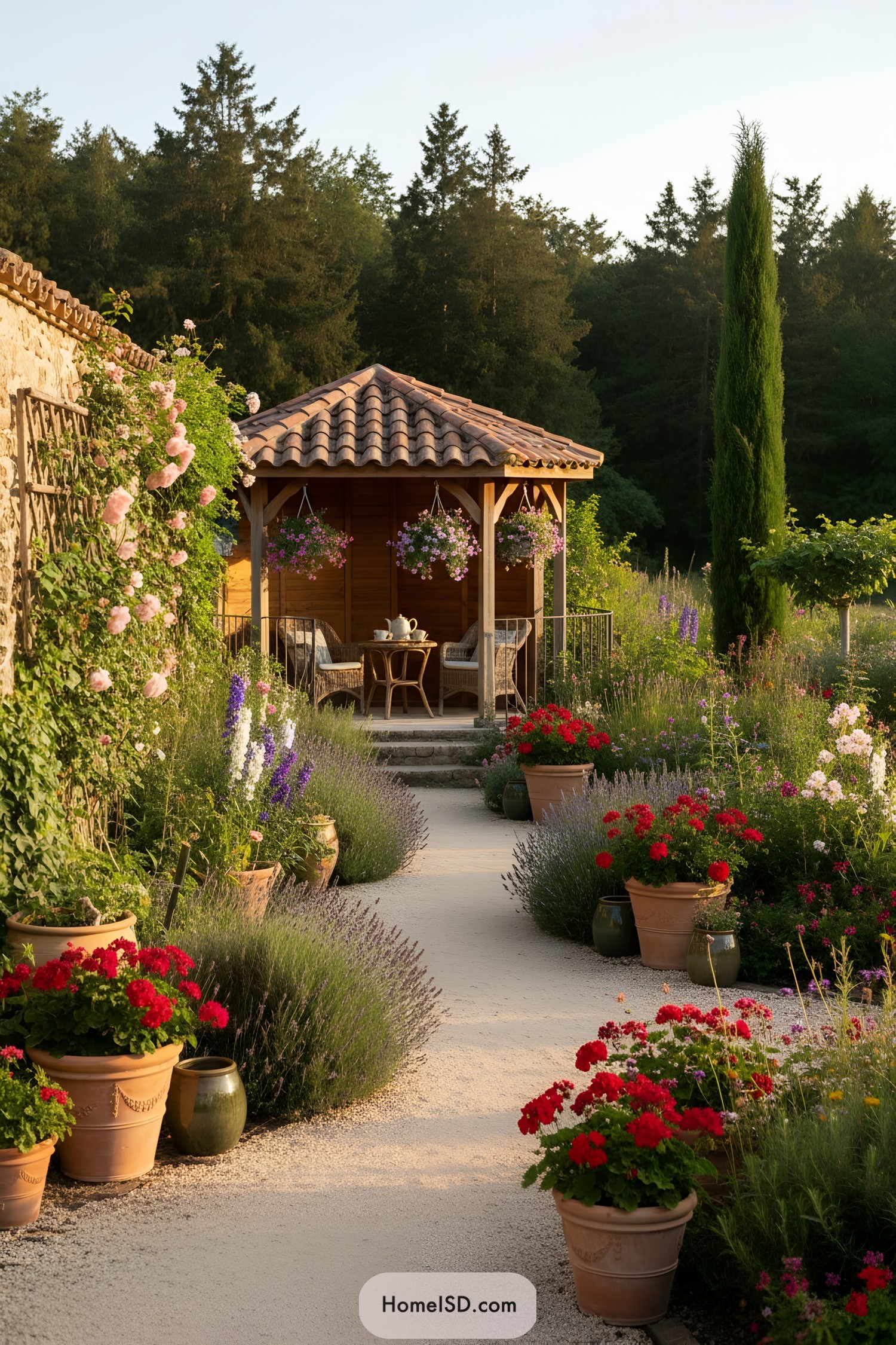 Mediterranean garden path curving toward a wooden gazebo framed by terracotta pots and colorful flowers