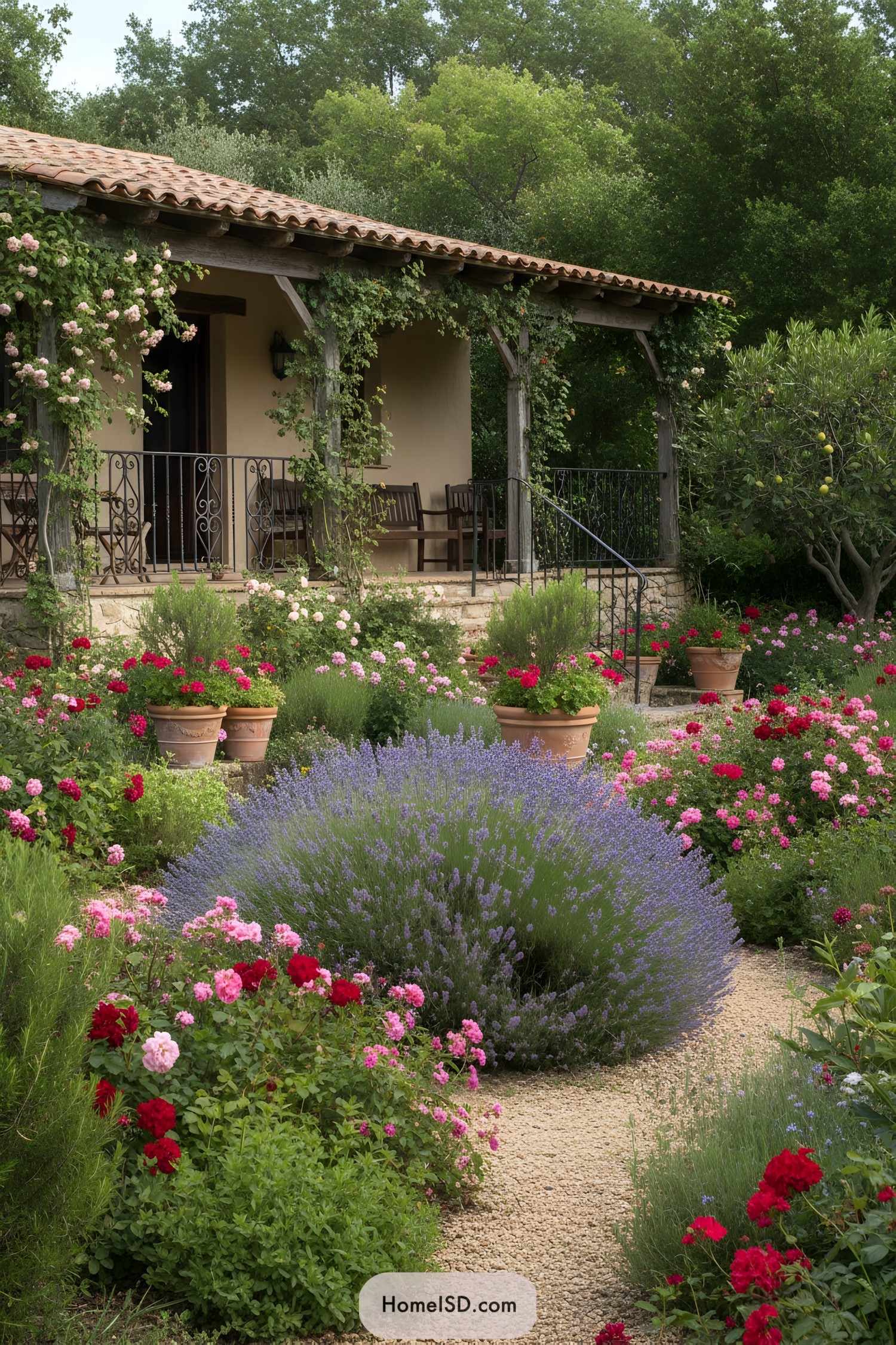 Mediterranean cottage garden with gravel path and colorful flowers