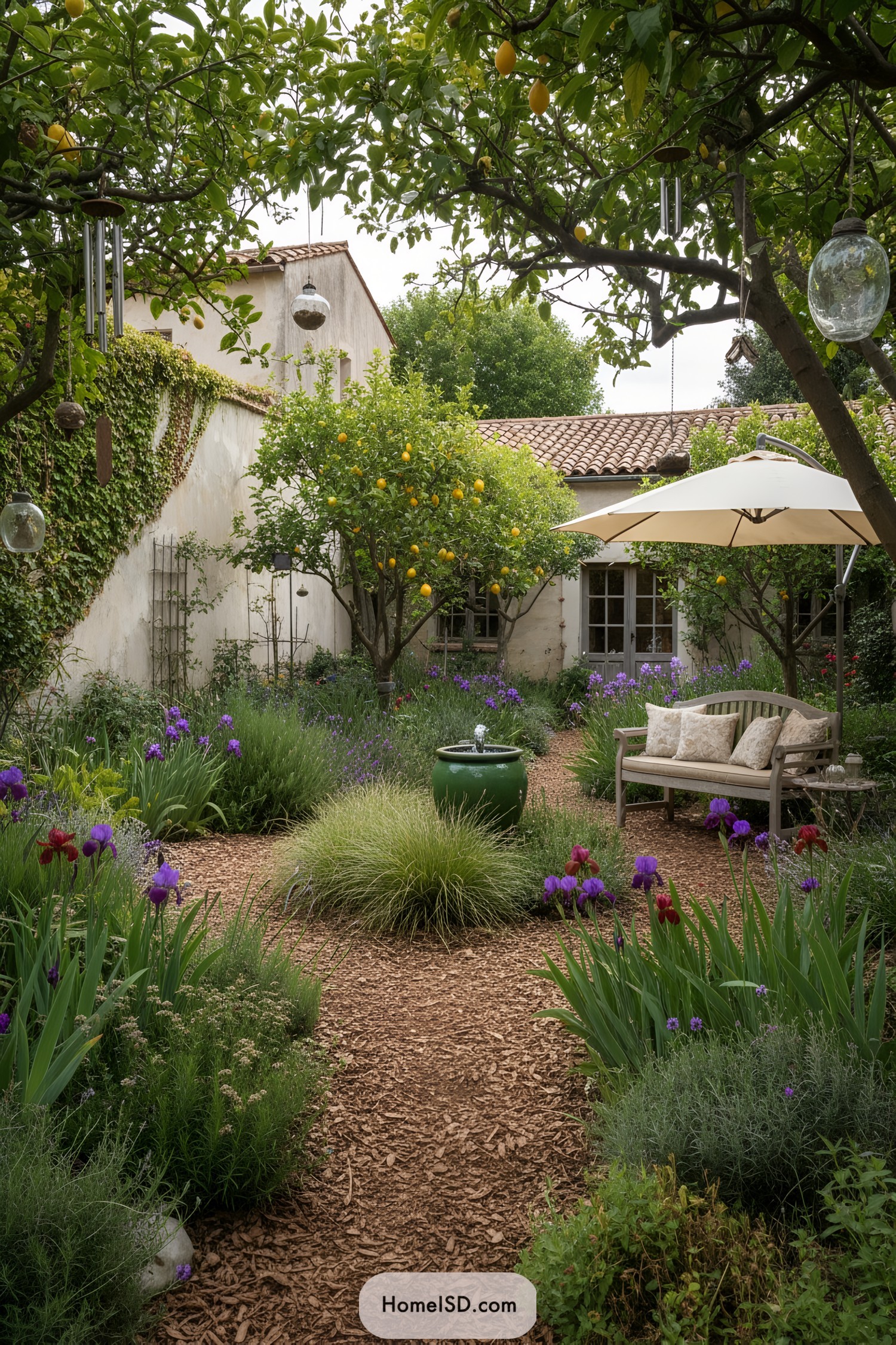 Mediterranean courtyard garden with lemon trees, flowering borders, wooden bench, and small fountain