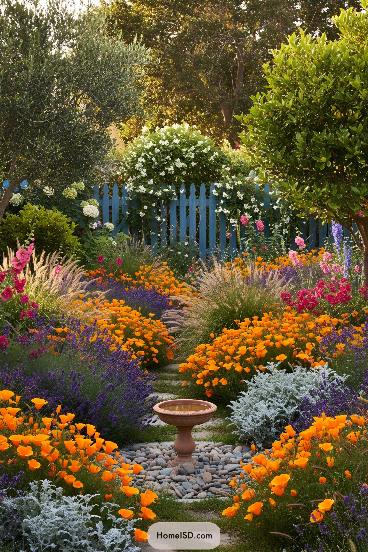 Colorful cottage garden path with small fountain