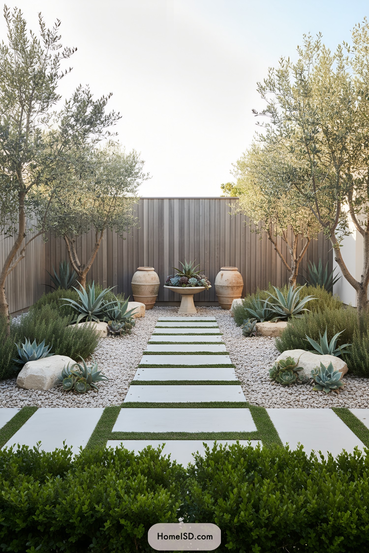 Narrow Mediterranean courtyard garden with stepping-stone path, olive trees, succulents, and large terracotta jars around a central planter