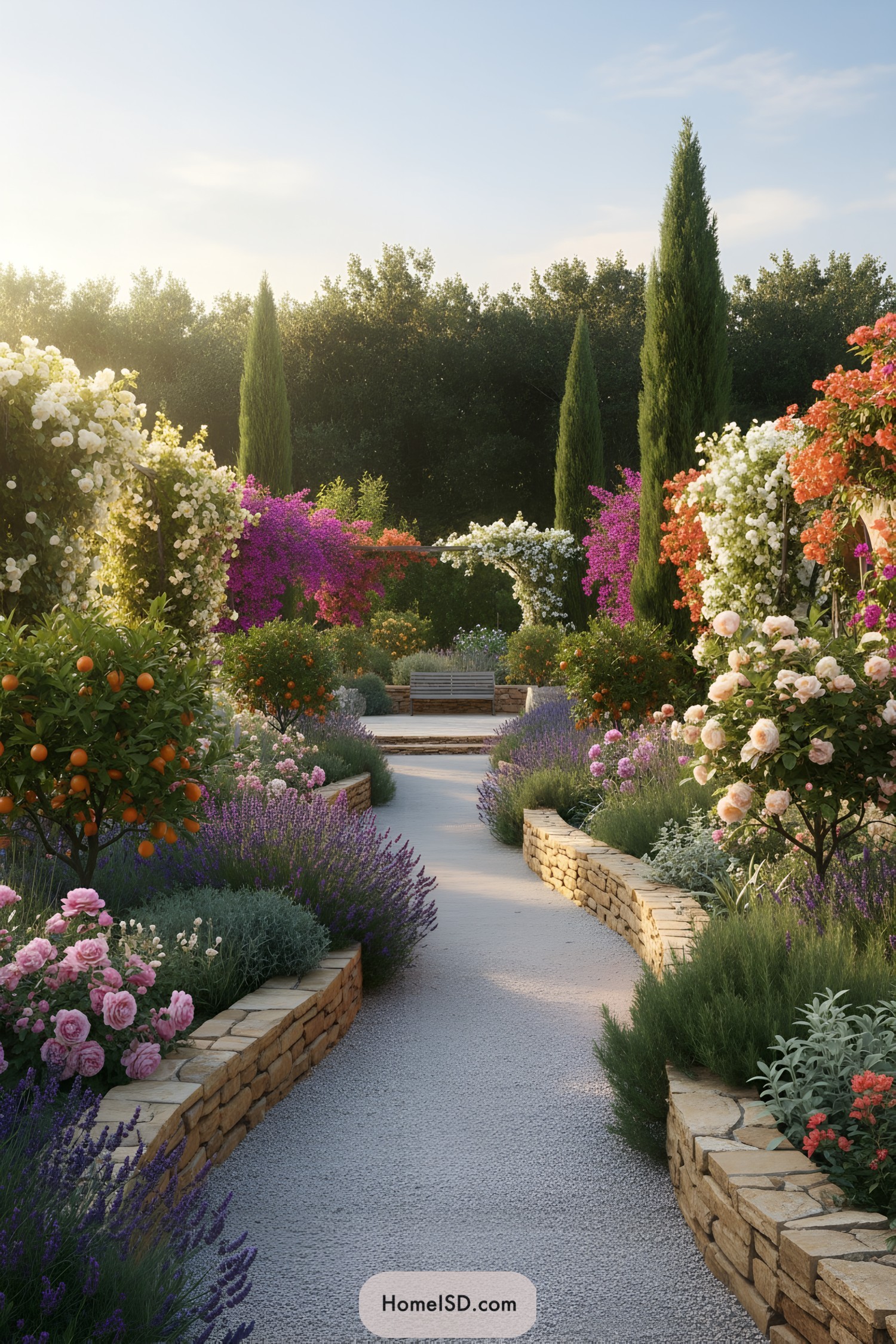 Curving gravel path through Mediterranean garden with citrus trees and layered flowers