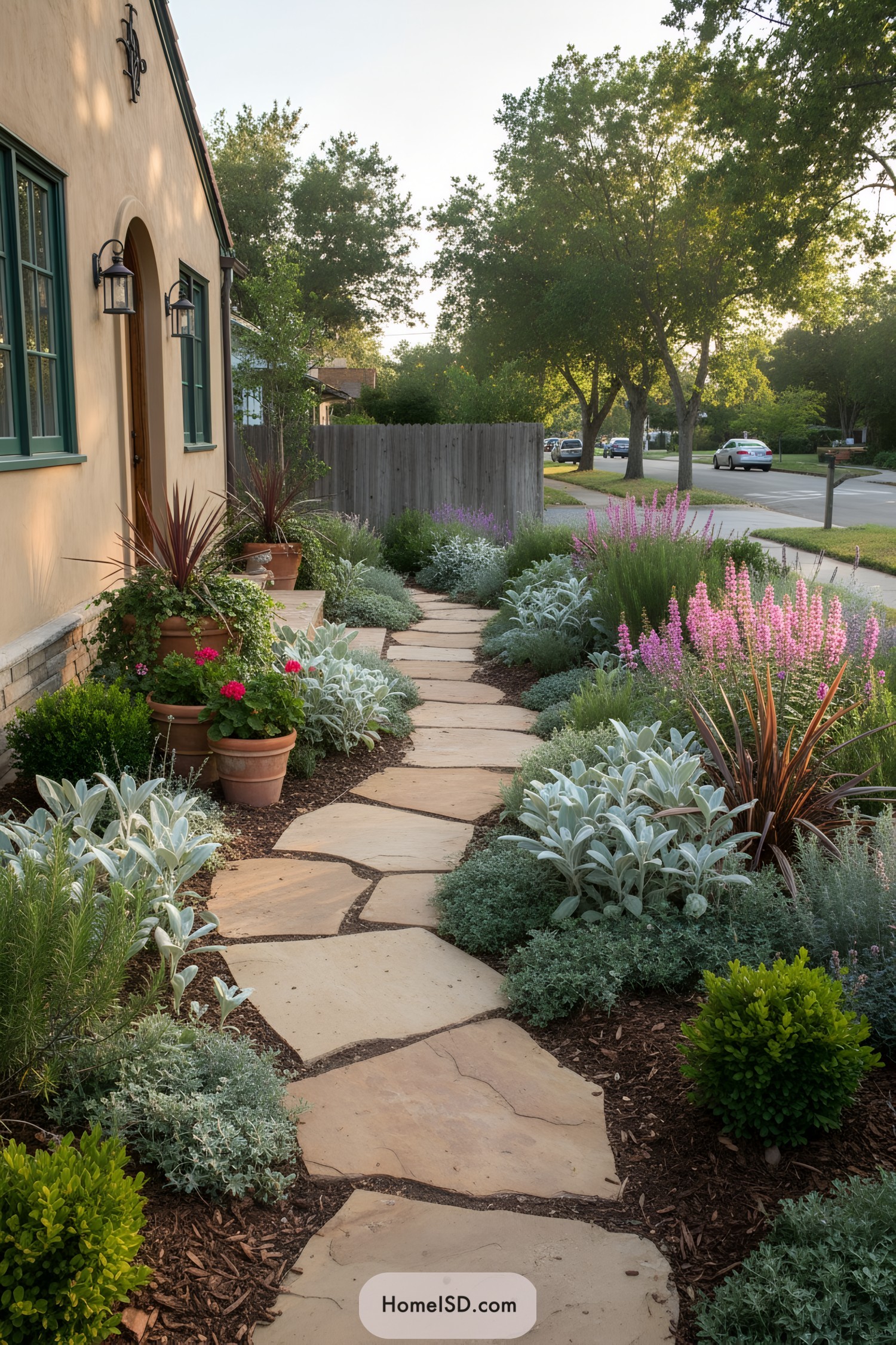 Flagstone front path bordered by Mediterranean plants