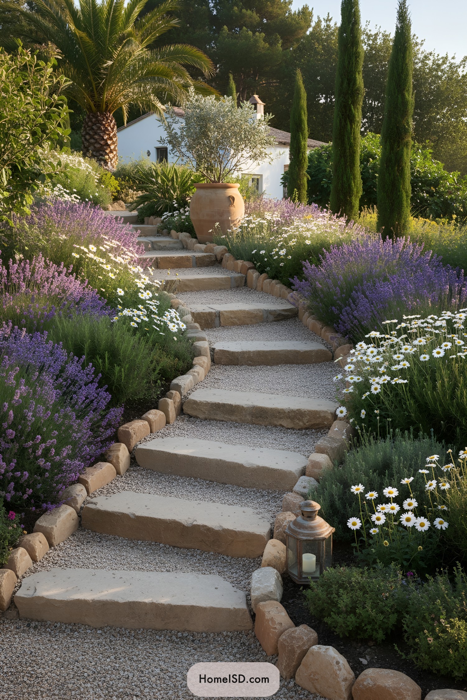 Stone steps bordered by gravel, lavender, and daisies leading up to a Mediterranean-style cottage with tall cypress trees and a palm