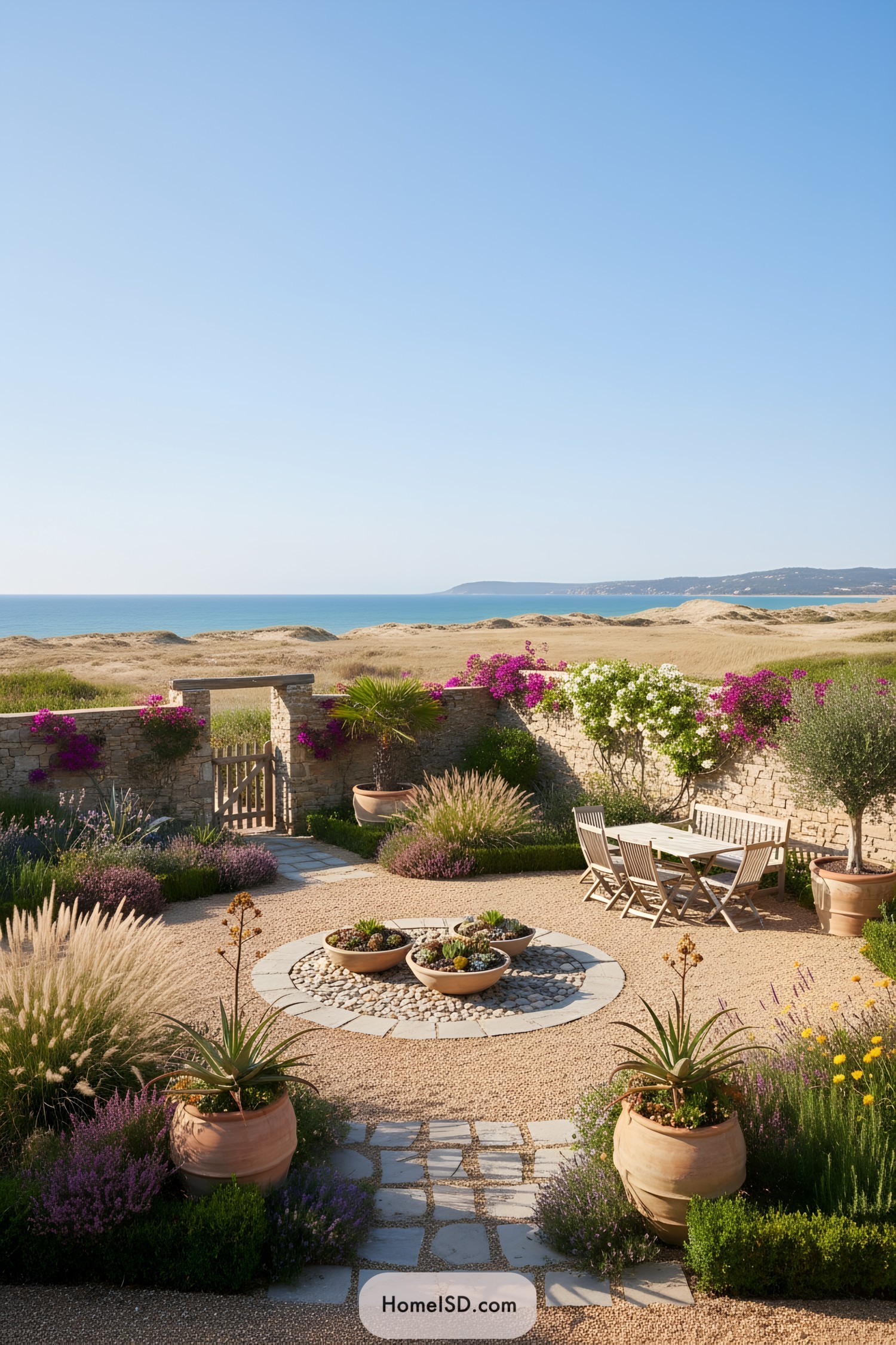 Mediterranean gravel courtyard garden with sea view