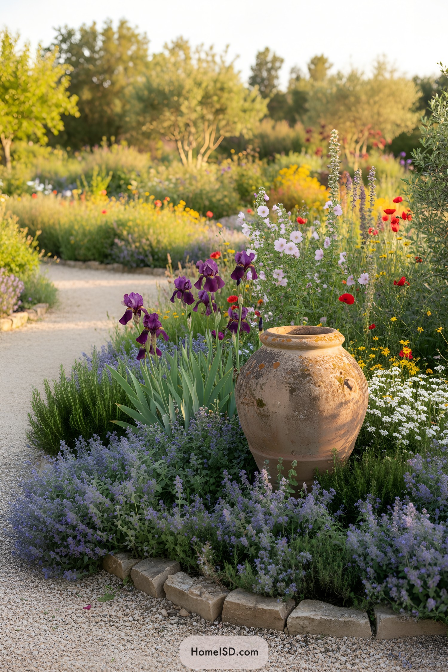 Terracotta urn surrounded by colorful Mediterranean cottage garden flowers along a gravel path